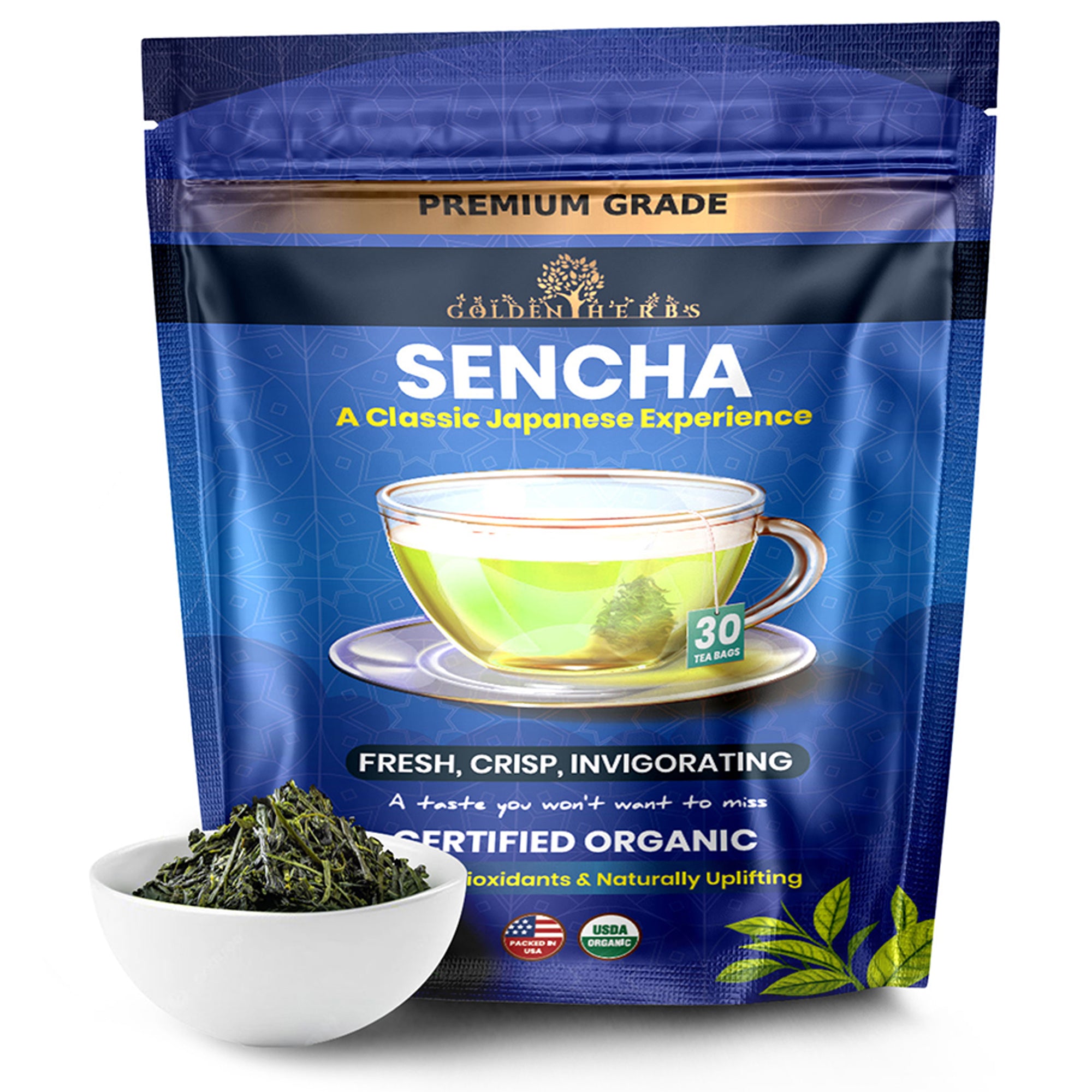 Golden Herbs USDA Organic Japanese Sencha Green Tea – 30 Tea Bags – Fresh & Smooth – Packed in USA