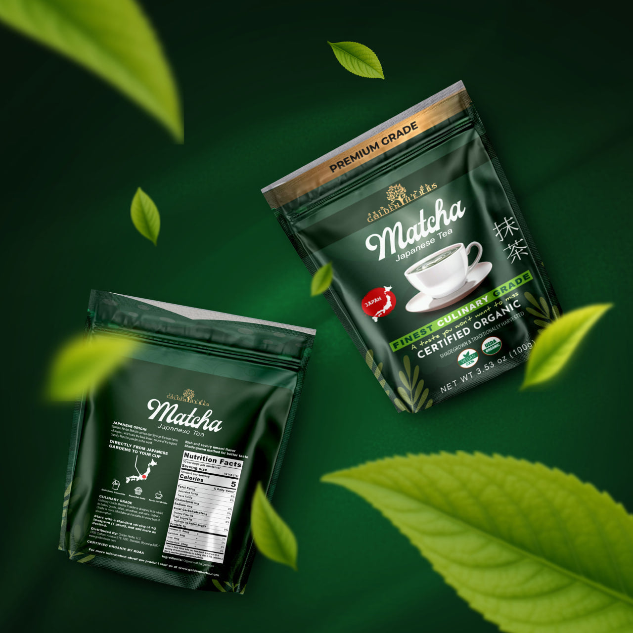 Golden Herbs USDA Organic Japanese Culinary Matcha Green Tea Powder – Smooth Flavor for Lattes, Baking & Smoothies – Packed in USA