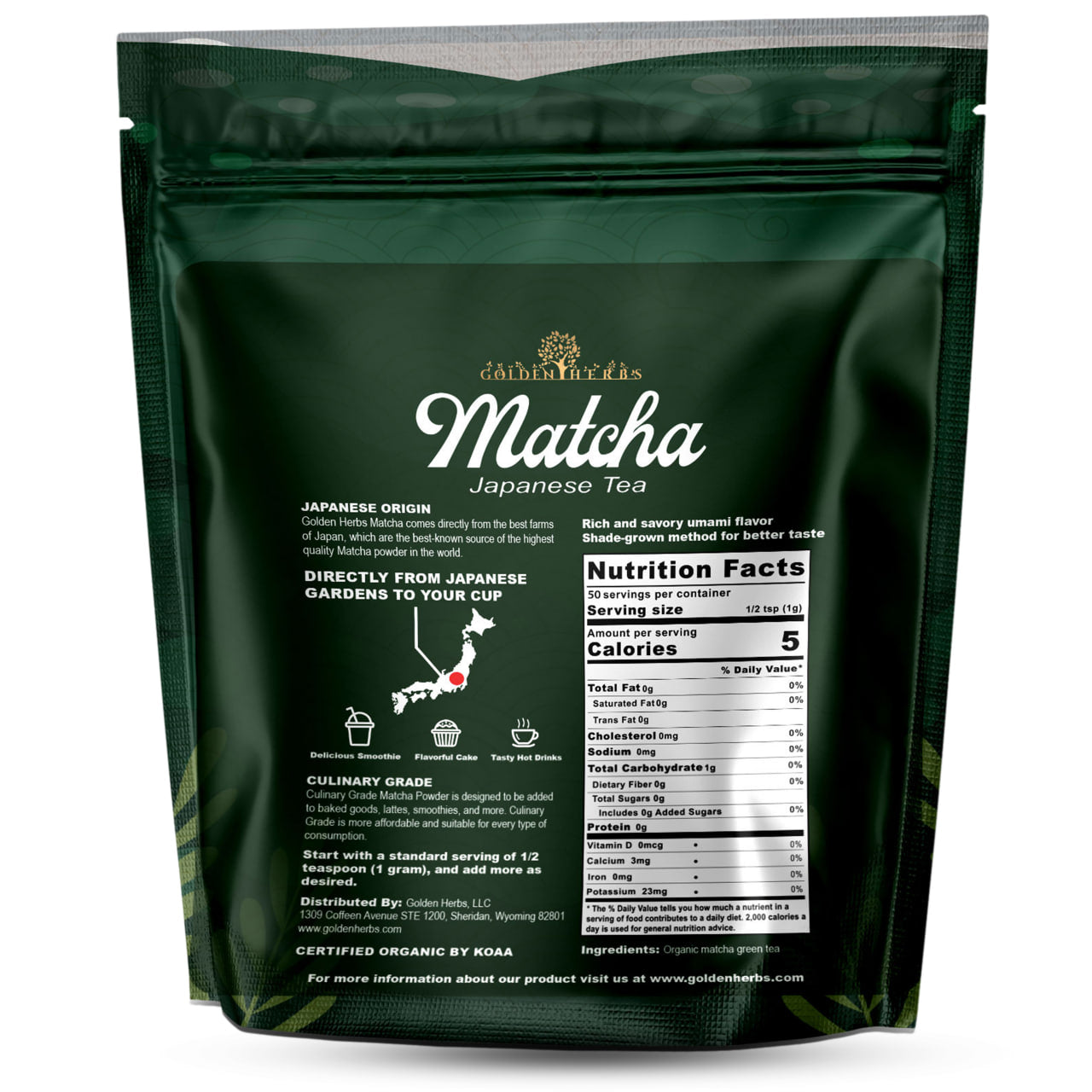 Golden Herbs USDA Organic Japanese Culinary Matcha Green Tea Powder – Smooth Flavor for Lattes, Baking & Smoothies – Packed in USA