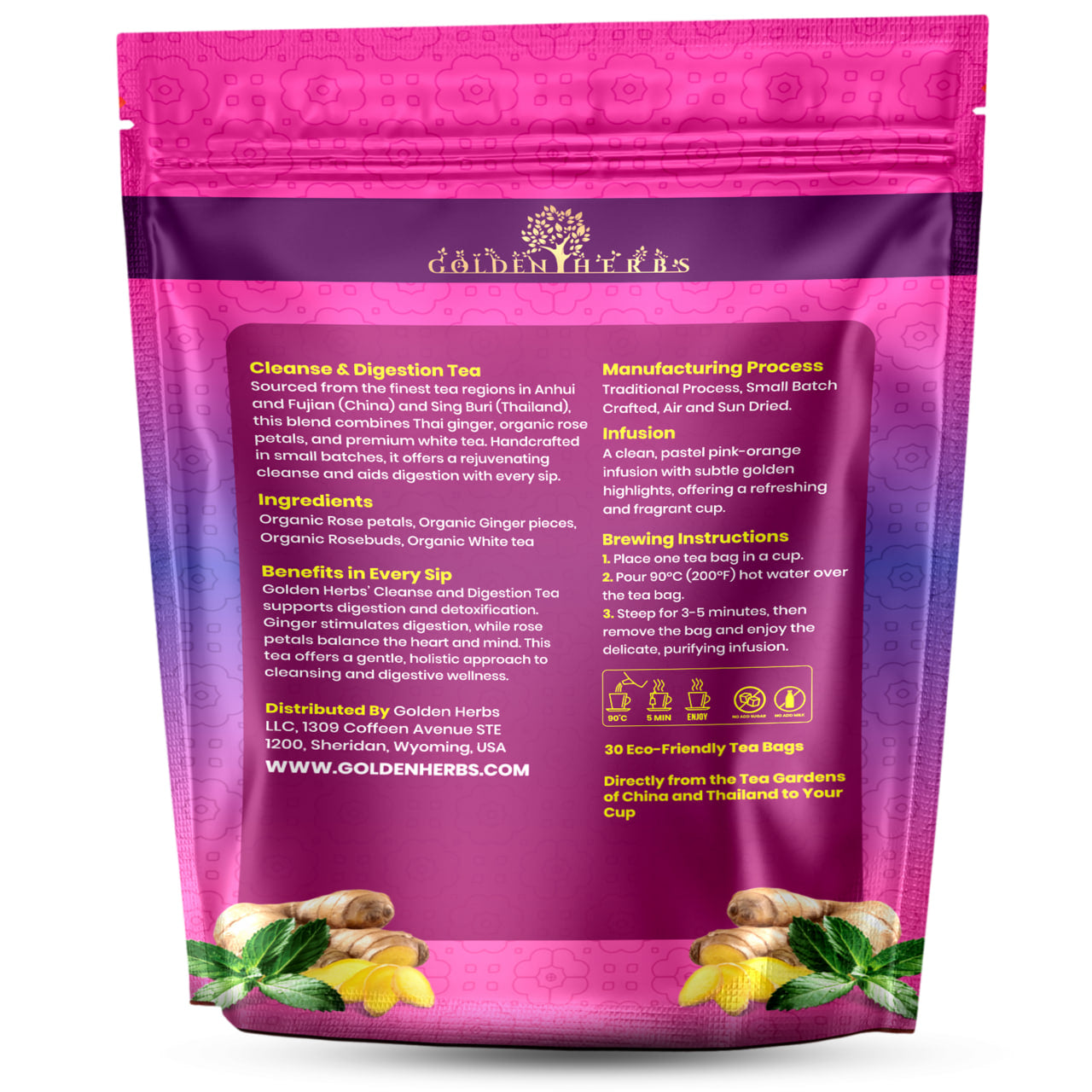 Golden Herbs USDA Organic Cleanse & Digestion Herbal Tea – Natural Detox & Gut Support – 30 Tea Bags – Caffeine-Free – Packed in USA