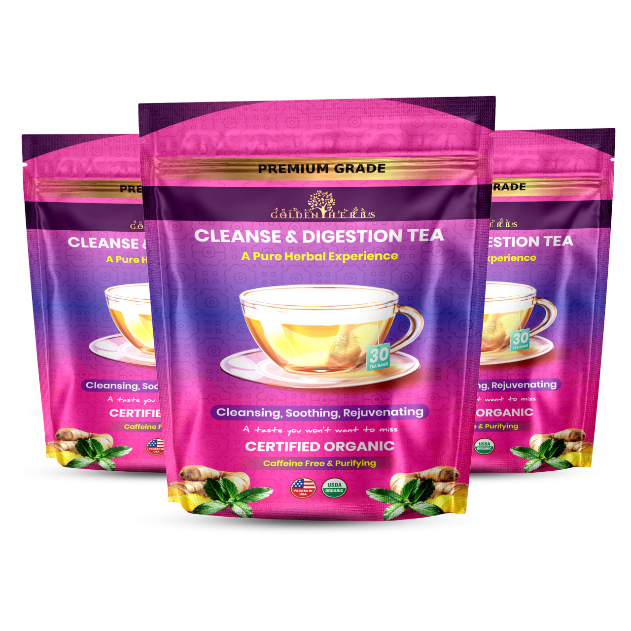 Golden Herbs USDA Organic Cleanse & Digestion Herbal Tea – Natural Detox & Gut Support – 30 Tea Bags – Caffeine-Free – Packed in USA