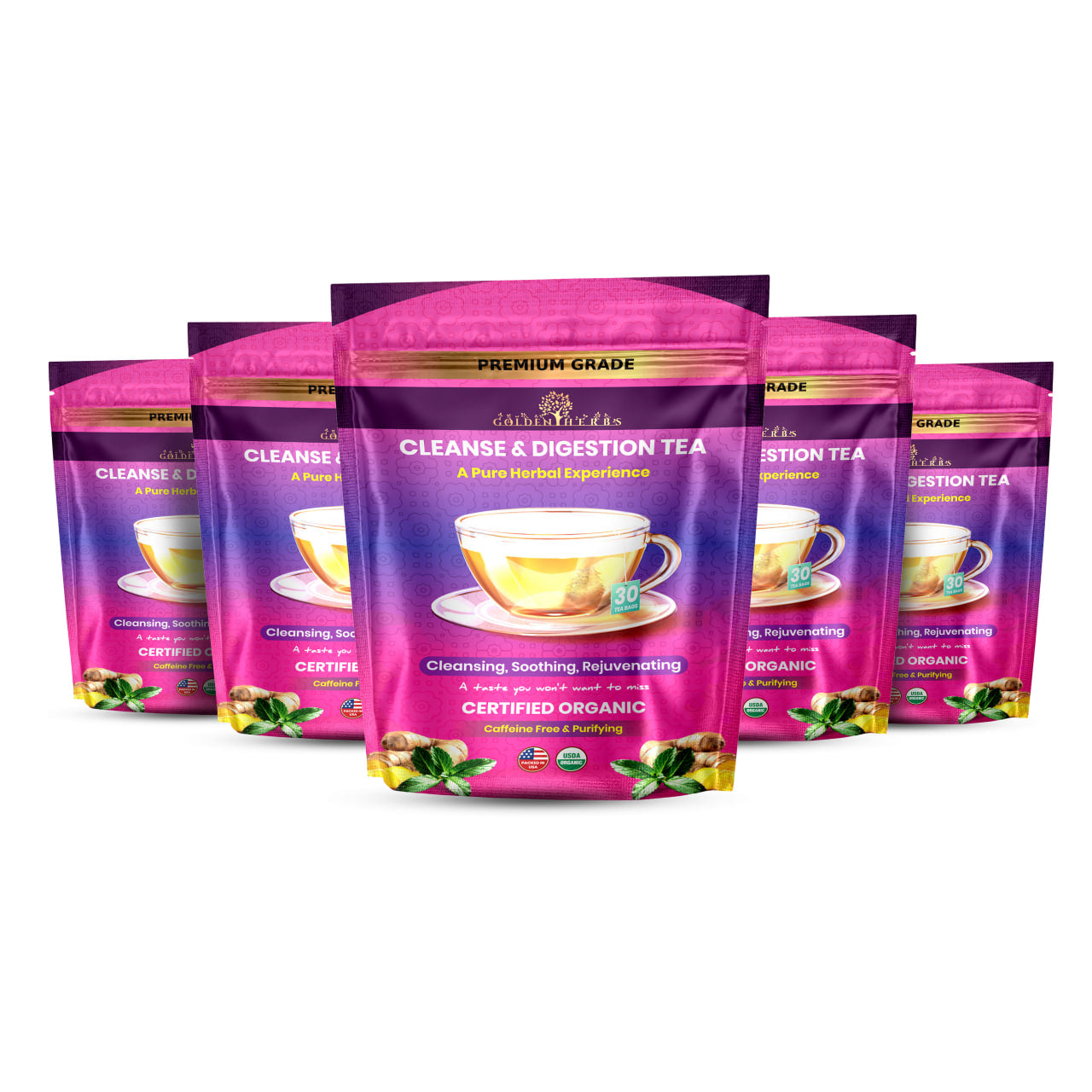Golden Herbs USDA Organic Cleanse & Digestion Herbal Tea – Natural Detox & Gut Support – 30 Tea Bags – Caffeine-Free – Packed in USA