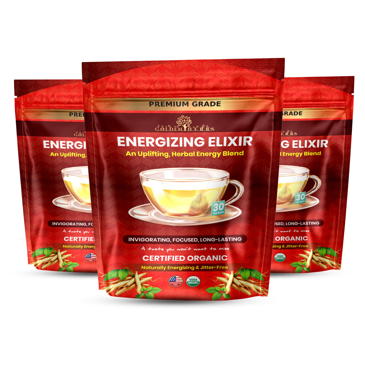 Golden Herbs USDA Organic Energizing Elixir Herbal Tea – Natural Energy & Focus Support – 30 Caffeine-Free Tea Bags – Packed in USA