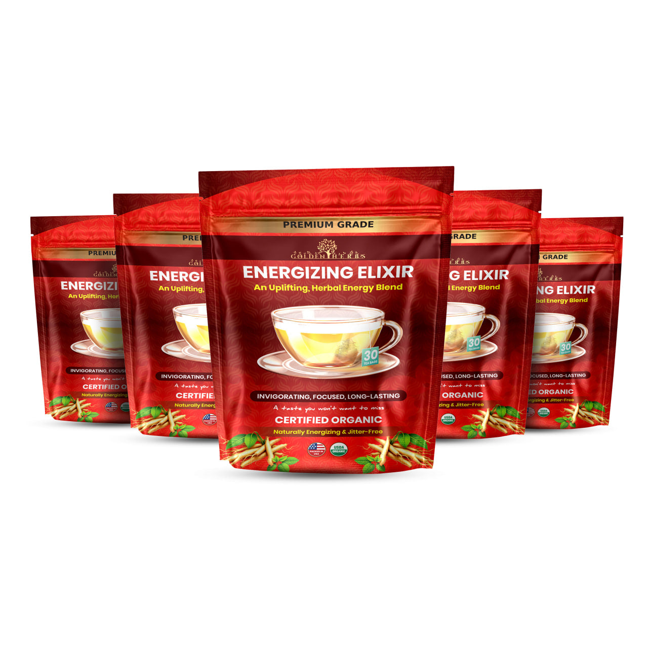 Golden Herbs USDA Organic Energizing Elixir Herbal Tea – Natural Energy & Focus Support – 30 Caffeine-Free Tea Bags – Packed in USA