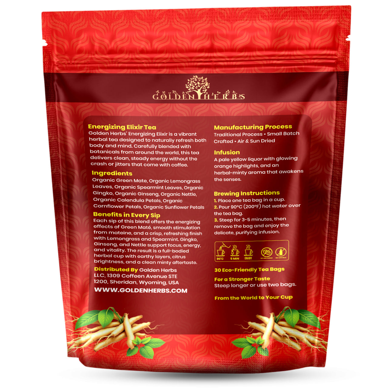 Golden Herbs USDA Organic Energizing Elixir Herbal Tea – Natural Energy & Focus Support – 30 Caffeine-Free Tea Bags – Packed in USA