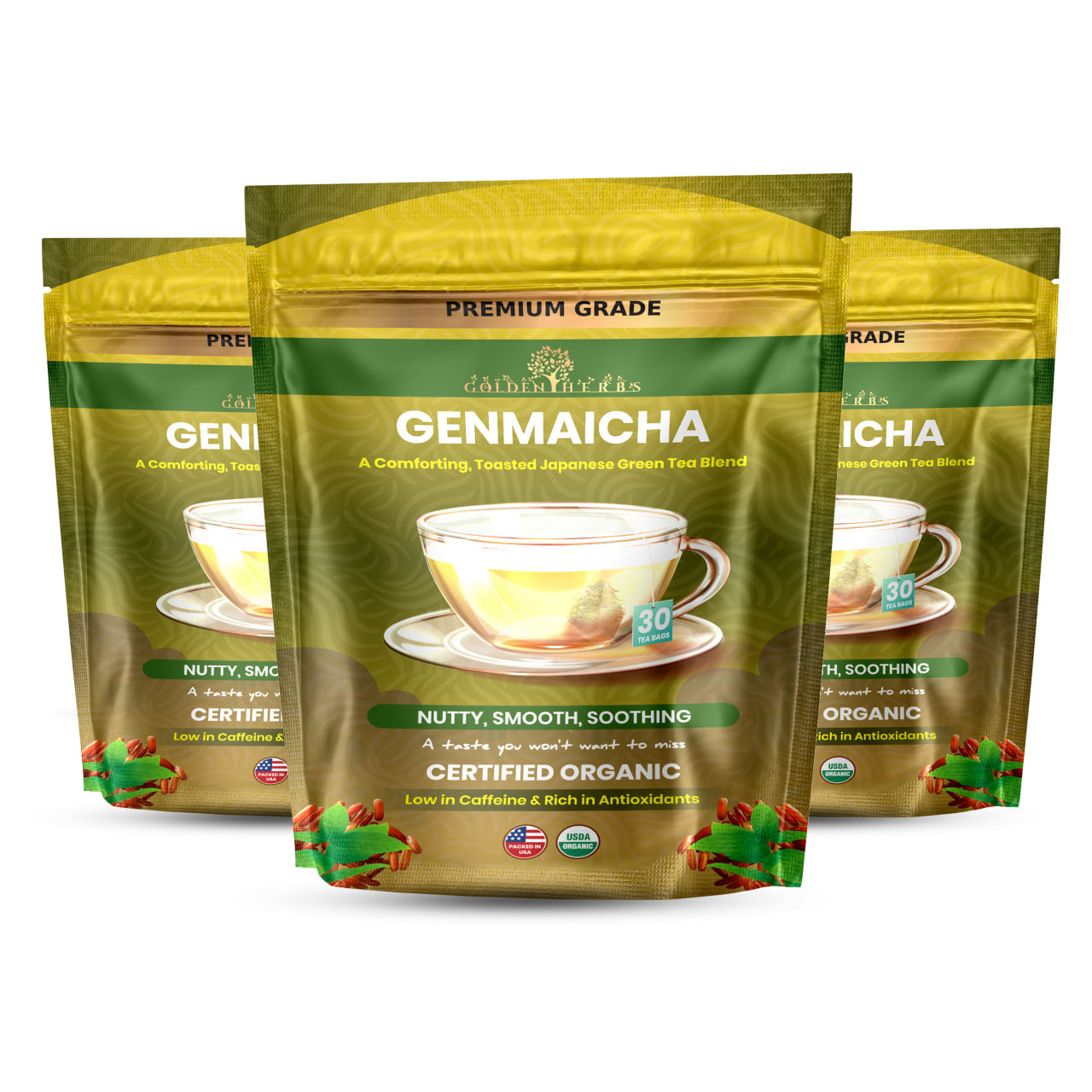 Golden Herbs USDA Organic Japanese Genmaicha Green Tea – Premium Roasted Brown Rice Blend – Nutty Flavor – 30 Tea Bags – Packed in USA