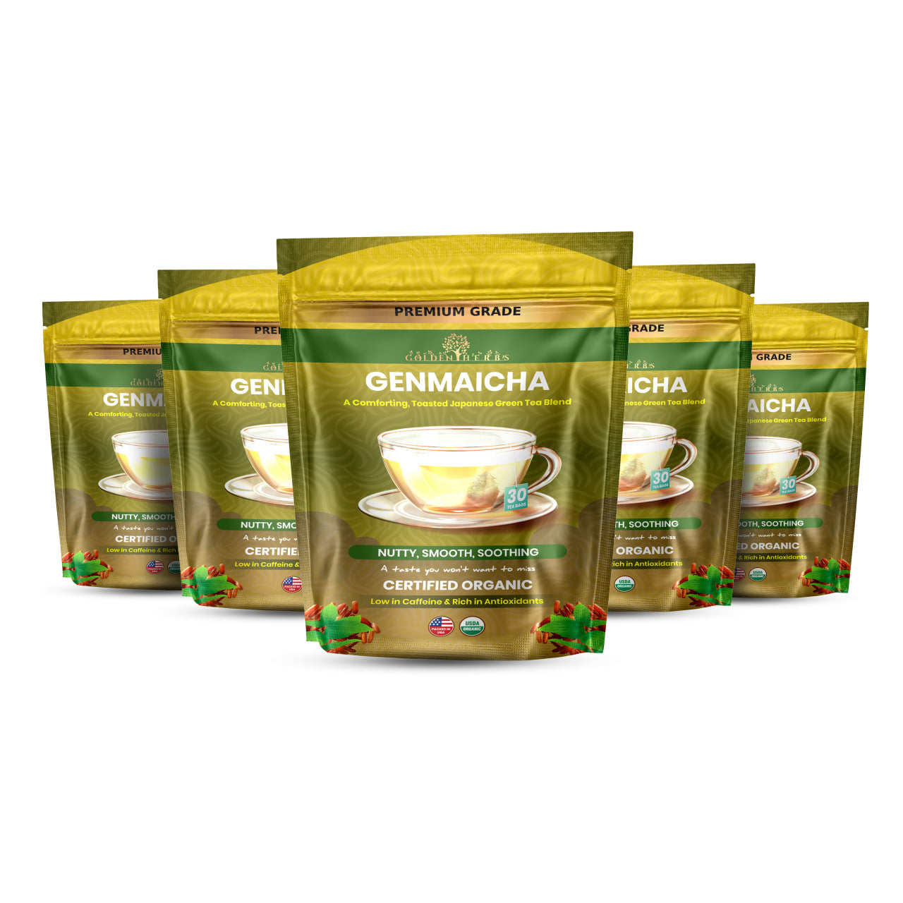 Golden Herbs USDA Organic Japanese Genmaicha Green Tea – Premium Roasted Brown Rice Blend – Nutty Flavor – 30 Tea Bags – Packed in USA