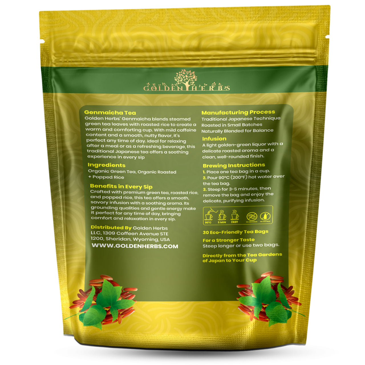 Golden Herbs USDA Organic Japanese Genmaicha Green Tea – Premium Roasted Brown Rice Blend – Nutty Flavor – 30 Tea Bags – Packed in USA