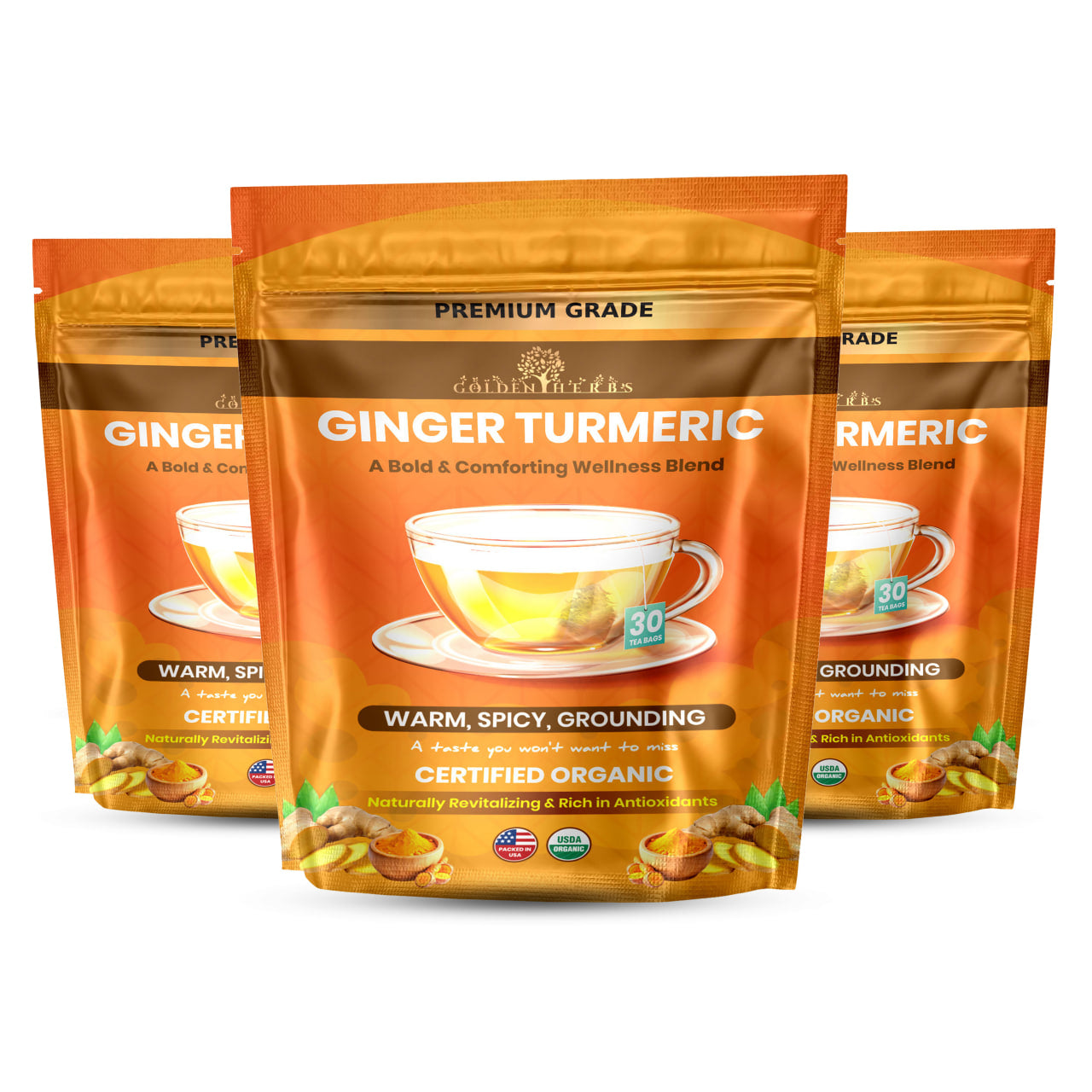 Golden Herbs USDA Organic Ginger Turmeric Herbal Tea – 30 Tea Bags – Warming, Anti-Inflammatory & Immune Support – Packed in USA