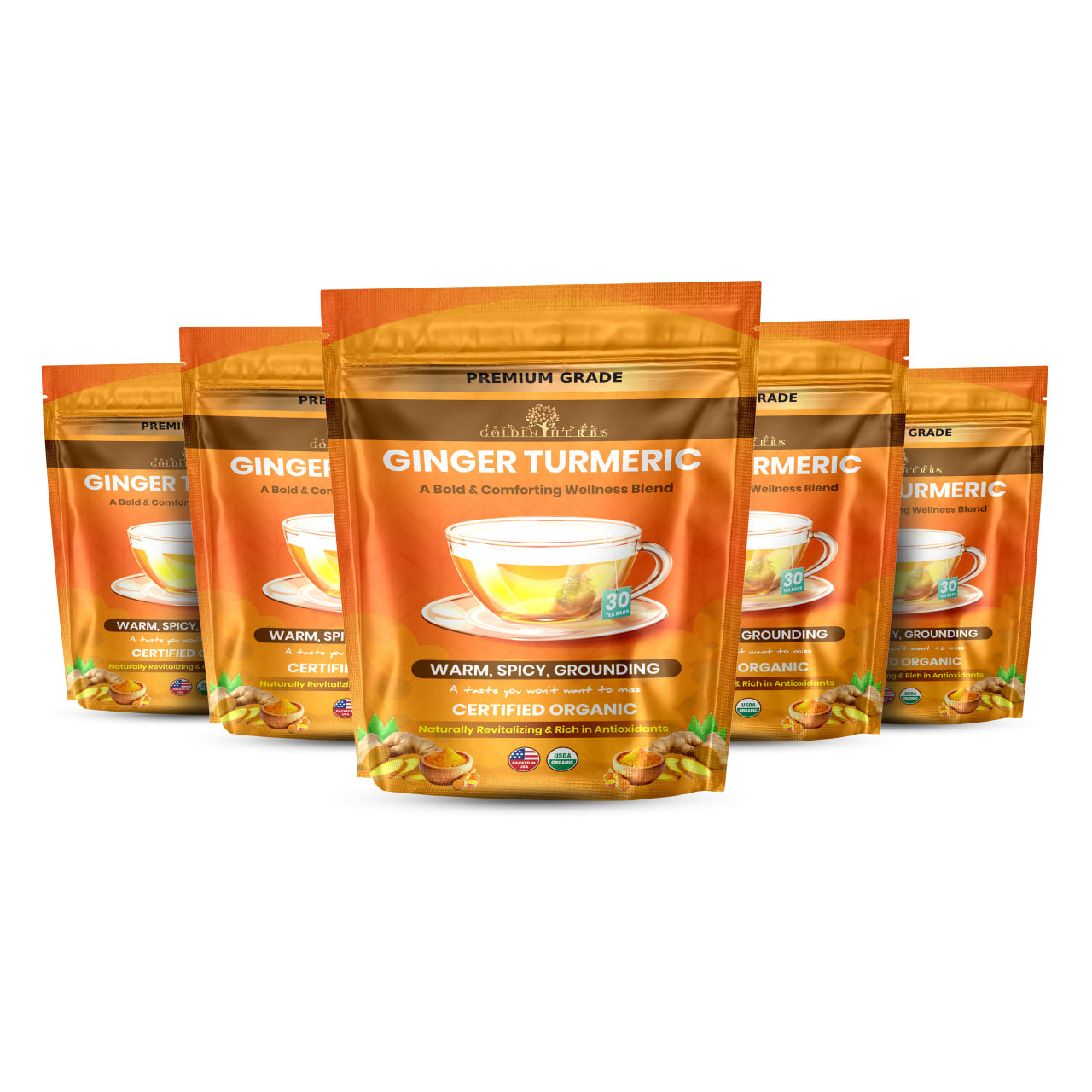 Golden Herbs USDA Organic Ginger Turmeric Herbal Tea – 30 Tea Bags – Warming, Anti-Inflammatory & Immune Support – Packed in USA