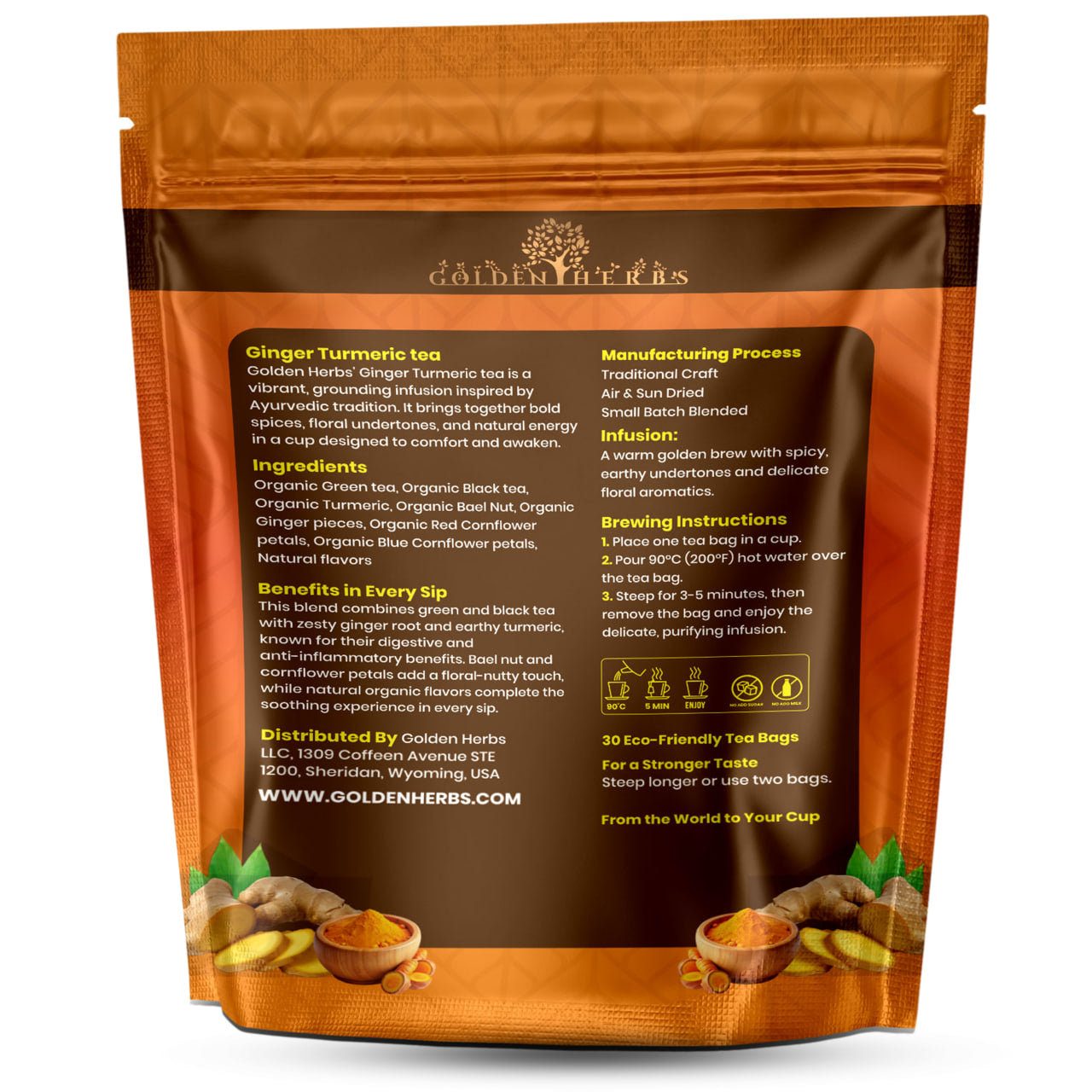 Golden Herbs USDA Organic Ginger Turmeric Herbal Tea – 30 Tea Bags – Warming, Anti-Inflammatory & Immune Support – Packed in USA