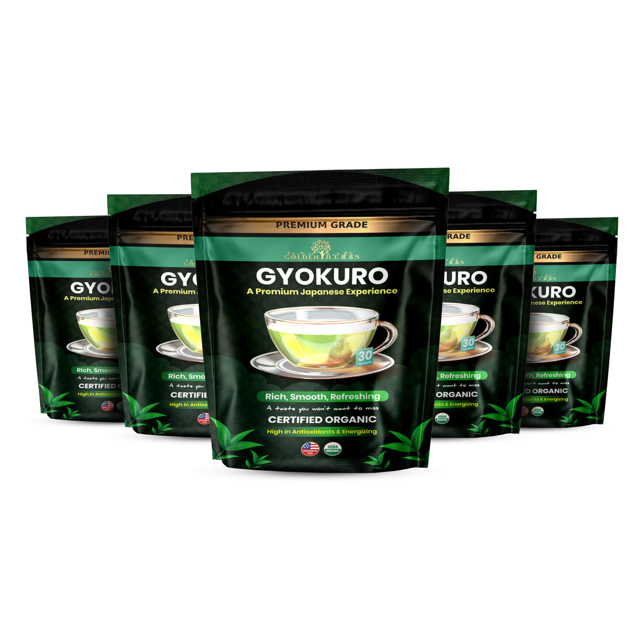 Golden Herbs USDA Organic Japanese Gyokuro Green Tea – Premium Shade-Grown Leaves – Rich Umami Flavor – 30 Tea Bags – Packed in USA