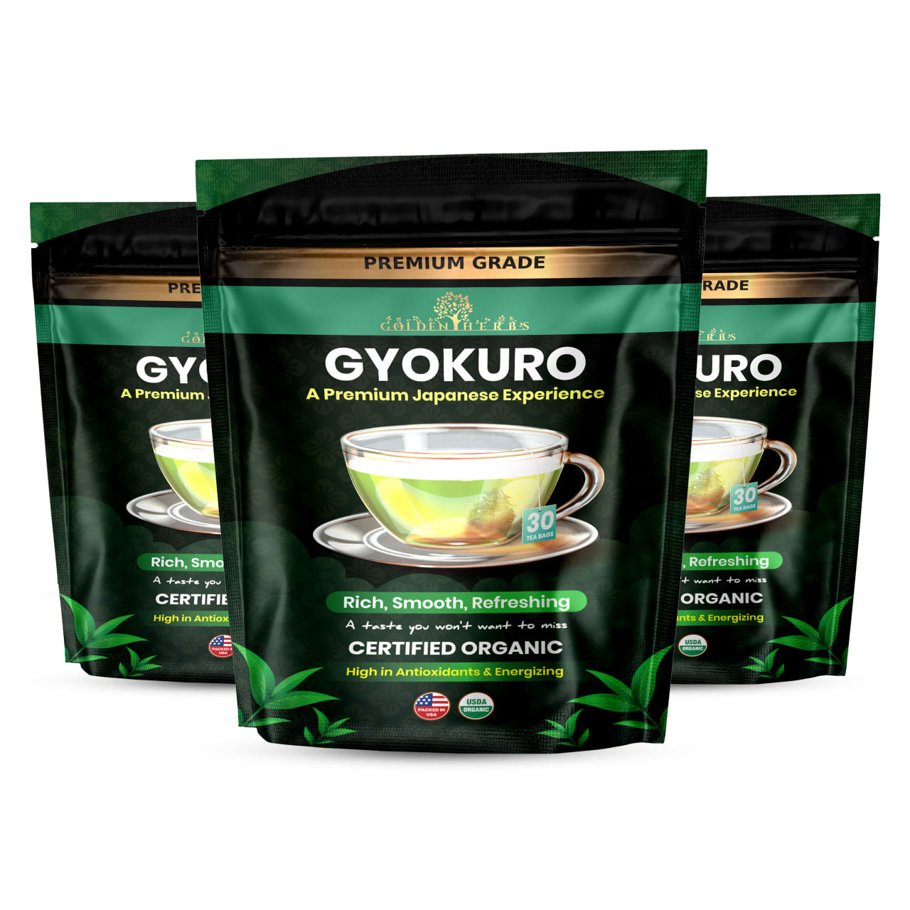 Golden Herbs USDA Organic Japanese Gyokuro Green Tea – Premium Shade-Grown Leaves – Rich Umami Flavor – 30 Tea Bags – Packed in USA