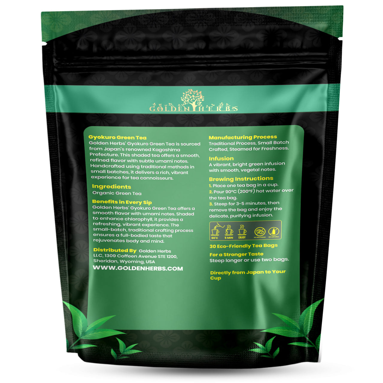 Golden Herbs USDA Organic Japanese Gyokuro Green Tea – Premium Shade-Grown Leaves – Rich Umami Flavor – 30 Tea Bags – Packed in USA