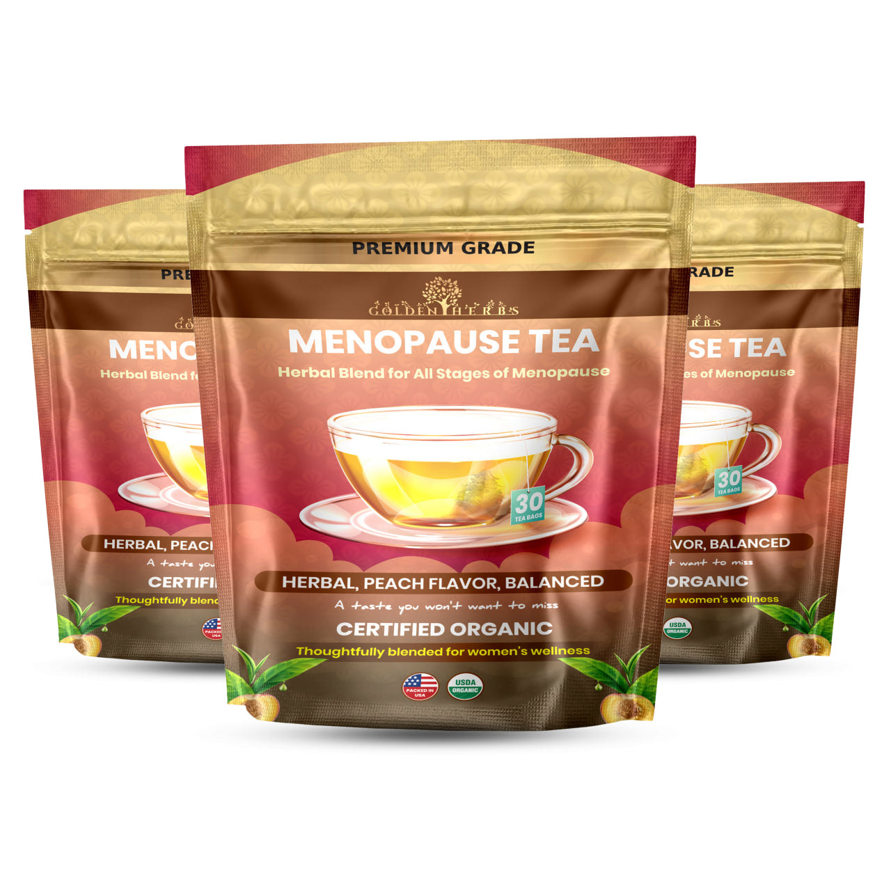 Golden Herbs USDA Organic Menopause Wellness Herbal Tea – 30 Caffeine-Free Tea Bags – Soothing Blend for Comfort & Balance – Packed in USA