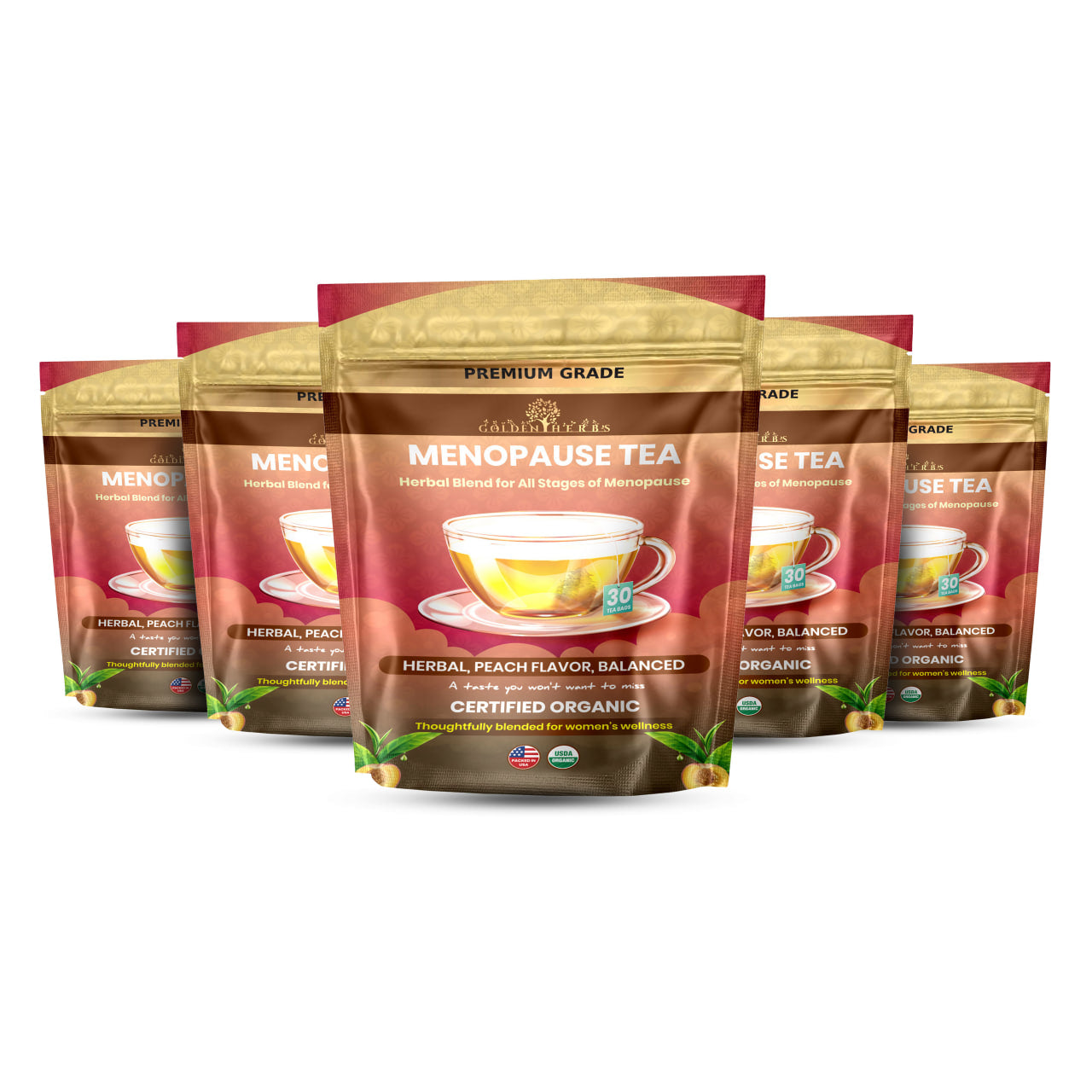 Golden Herbs USDA Organic Menopause Wellness Herbal Tea – 30 Caffeine-Free Tea Bags – Soothing Blend for Comfort & Balance – Packed in USA