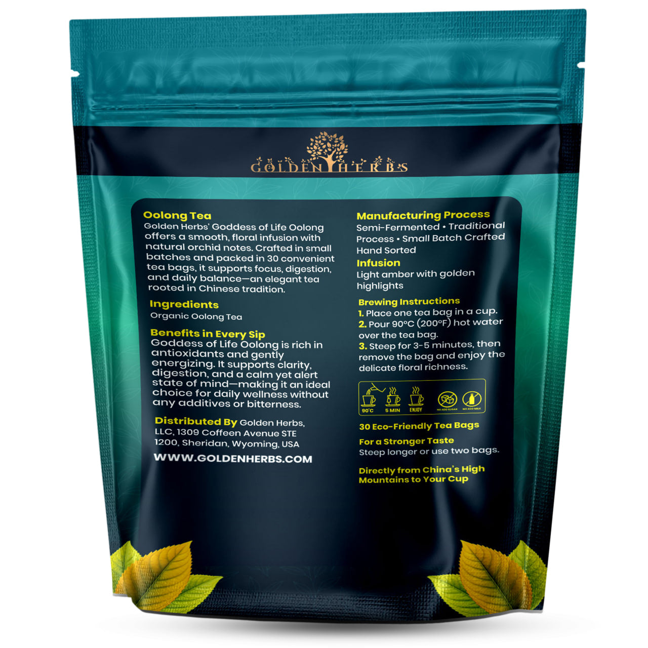 Golden Herbs USDA Organic Japanese Oolong Tea – Lightly Oxidized for Smooth Flavor & Aromatic Notes – 30 Tea Bags – Packed in USA