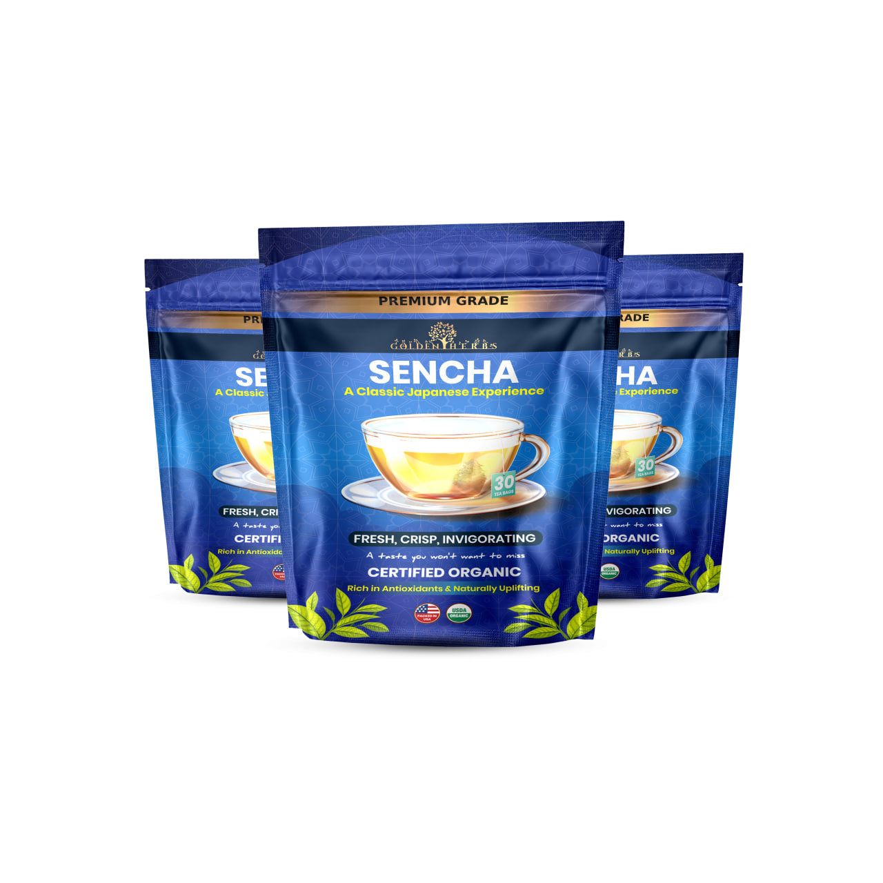Golden Herbs USDA Organic Japanese Sencha Green Tea – 30 Tea Bags – Fresh & Smooth – Packed in USA
