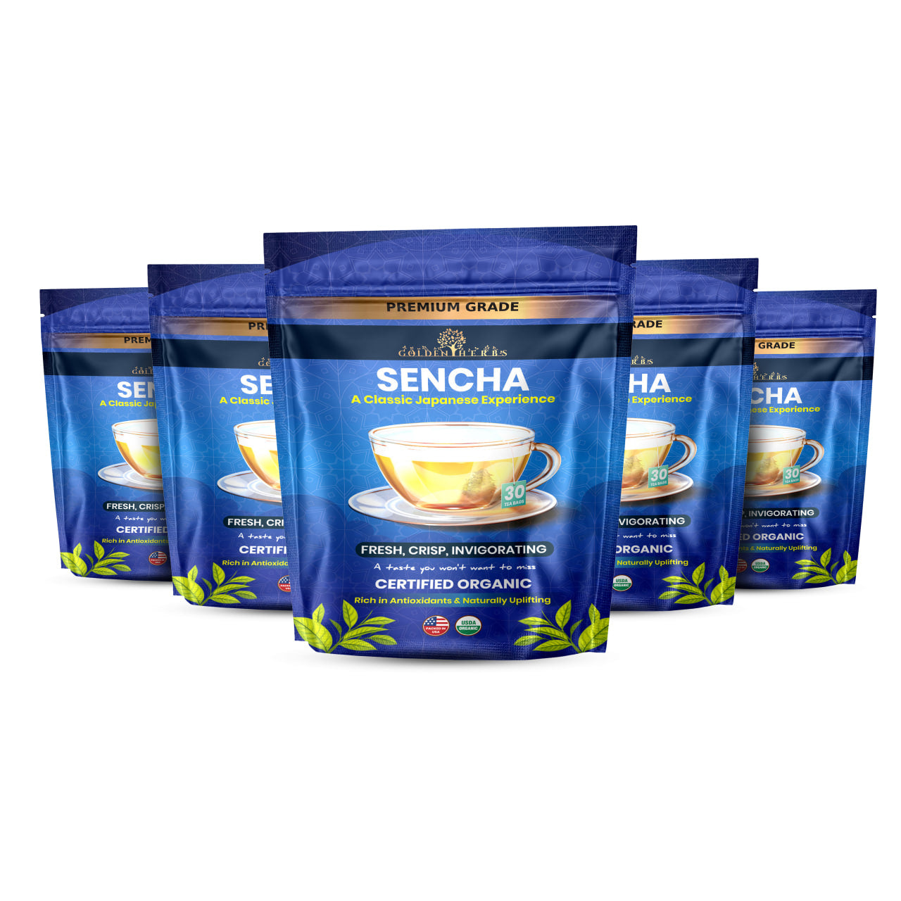 Golden Herbs USDA Organic Japanese Sencha Green Tea – 30 Tea Bags – Fresh & Smooth – Packed in USA