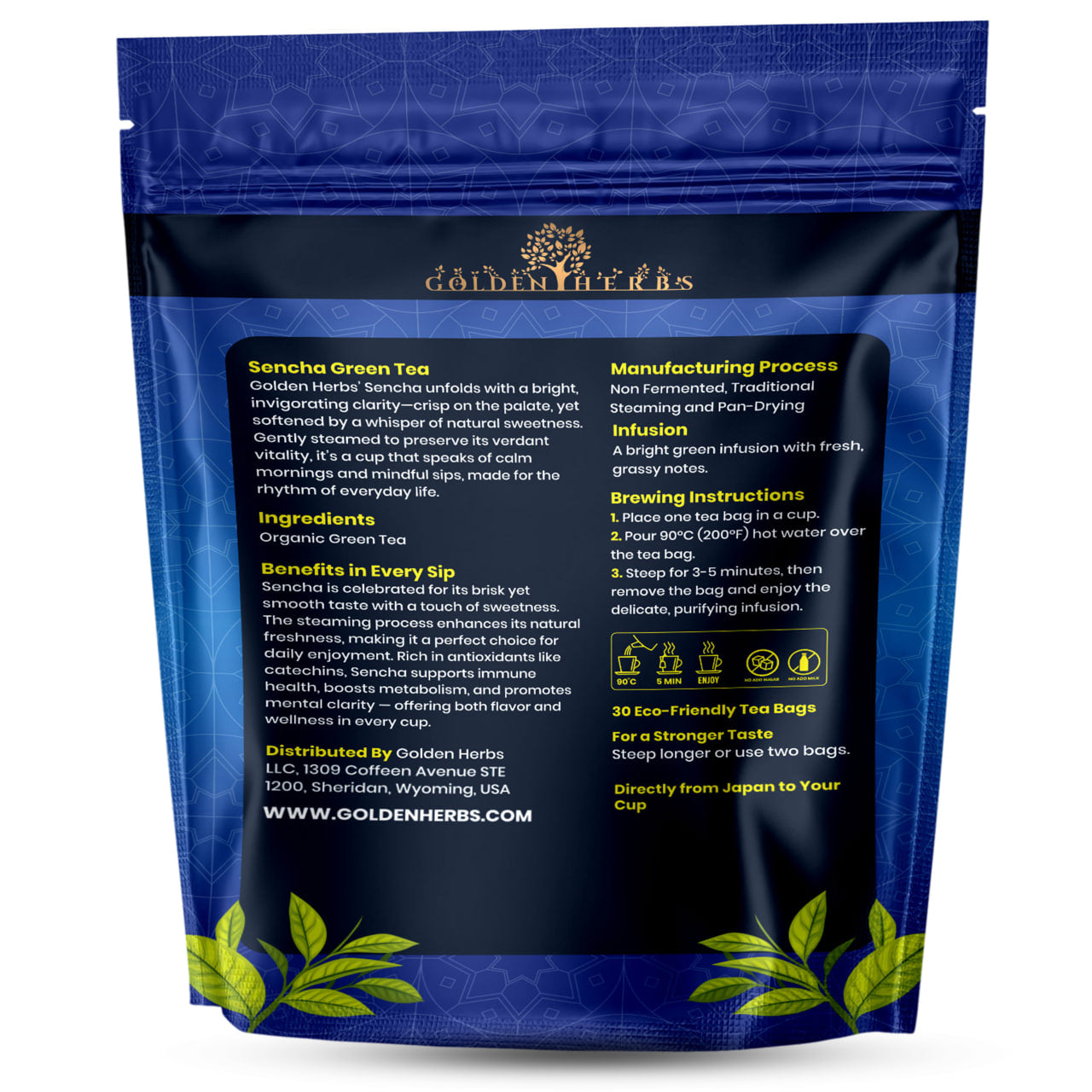 Golden Herbs USDA Organic Japanese Sencha Green Tea – 30 Tea Bags – Fresh & Smooth – Packed in USA