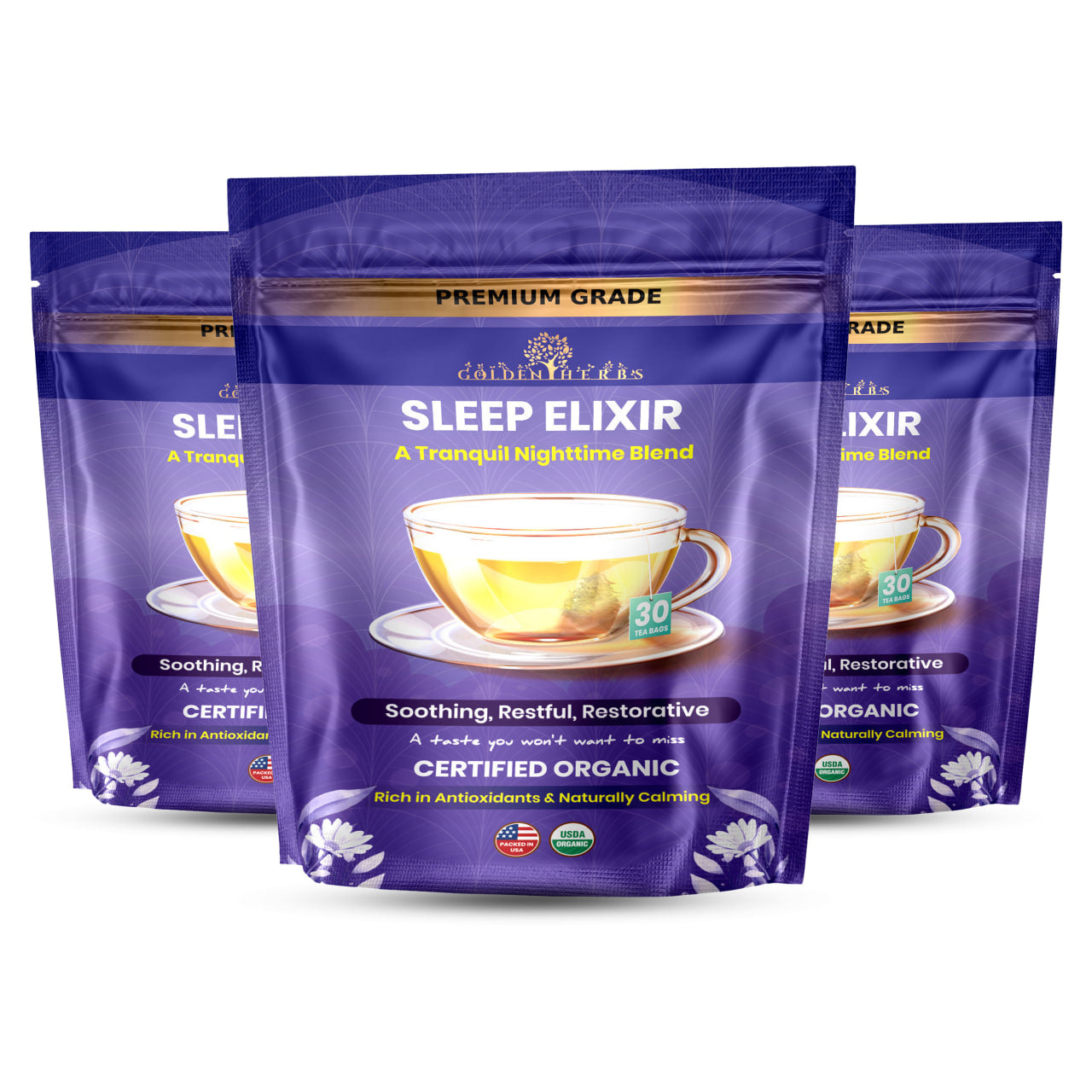 Golden Herbs USDA Organic Sleep Elixir Herbal Tea – Relaxing Bedtime Blend with Chamomile & Herbs – 30 Naturally Caffeine-Free Tea Bags – Packed in USA