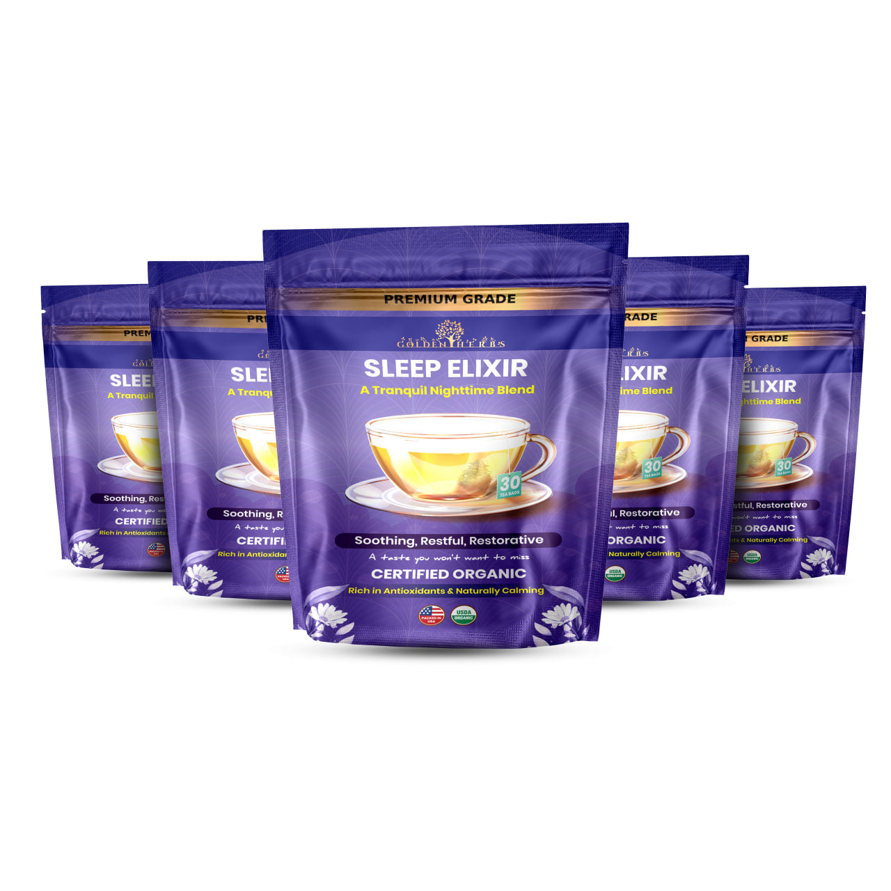 Golden Herbs USDA Organic Sleep Elixir Herbal Tea – Relaxing Bedtime Blend with Chamomile & Herbs – 30 Naturally Caffeine-Free Tea Bags – Packed in USA
