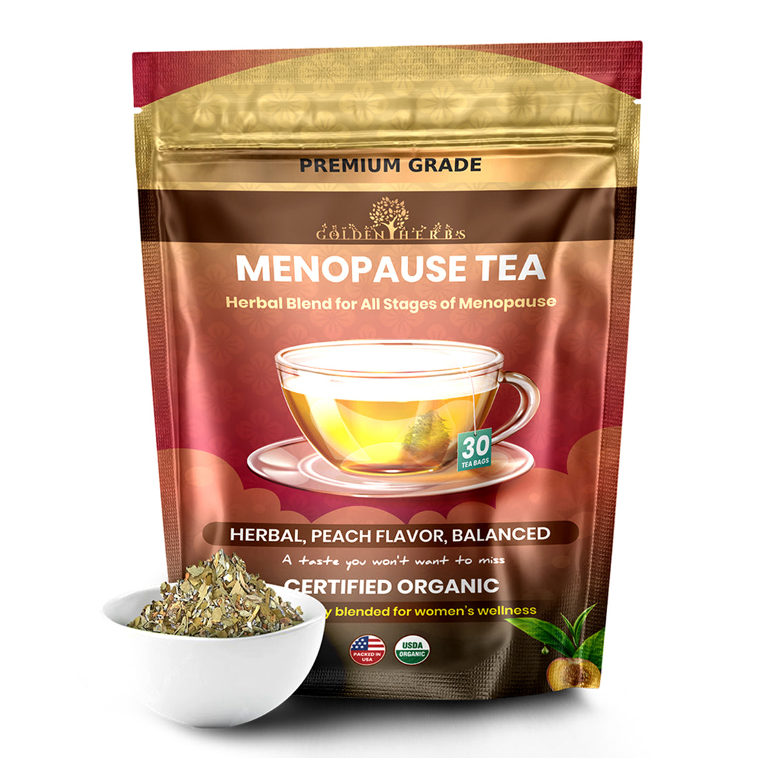 Golden Herbs USDA Organic Menopause Wellness Herbal Tea – 30 Caffeine-Free Tea Bags – Soothing Blend for Comfort &amp; Balance – Packed in USA