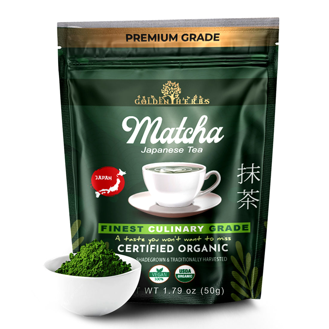 Golden Herbs USDA Organic Japanese Culinary Matcha Green Tea Powder – Smooth Flavor for Lattes, Baking &amp; Smoothies – Packed in USA