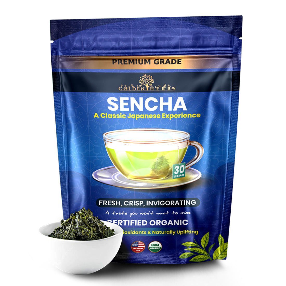 Golden Herbs USDA Organic Japanese Sencha Green Tea – 30 Tea Bags – Fresh &amp; Smooth – Packed in USA