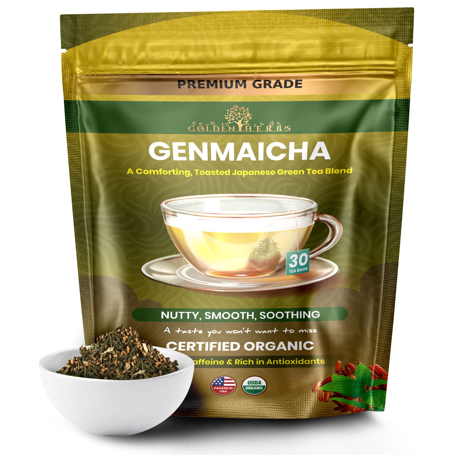Golden Herbs USDA Organic Japanese Genmaicha Green Tea – Premium Roasted Brown Rice Blend – Nutty Flavor – 30 Tea Bags – Packed in USA