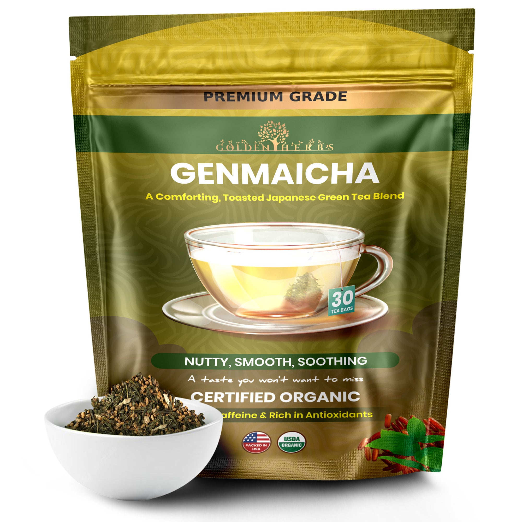 Golden Herbs USDA Organic Japanese Genmaicha Green Tea – Premium Roasted Brown Rice Blend – Nutty Flavor – 30 Tea Bags – Packed in USA