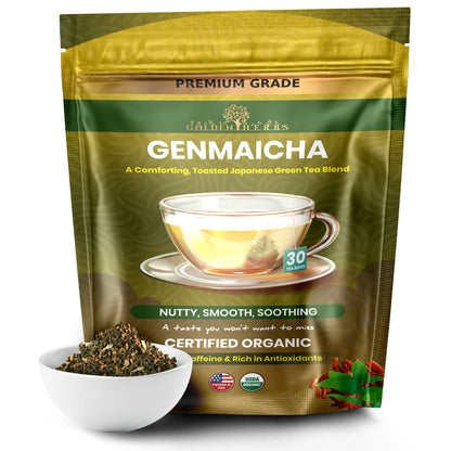 Golden Herbs USDA Organic Japanese Genmaicha Green Tea – Premium Roasted Brown Rice Blend – Nutty Flavor – 30 Tea Bags – Packed in USA