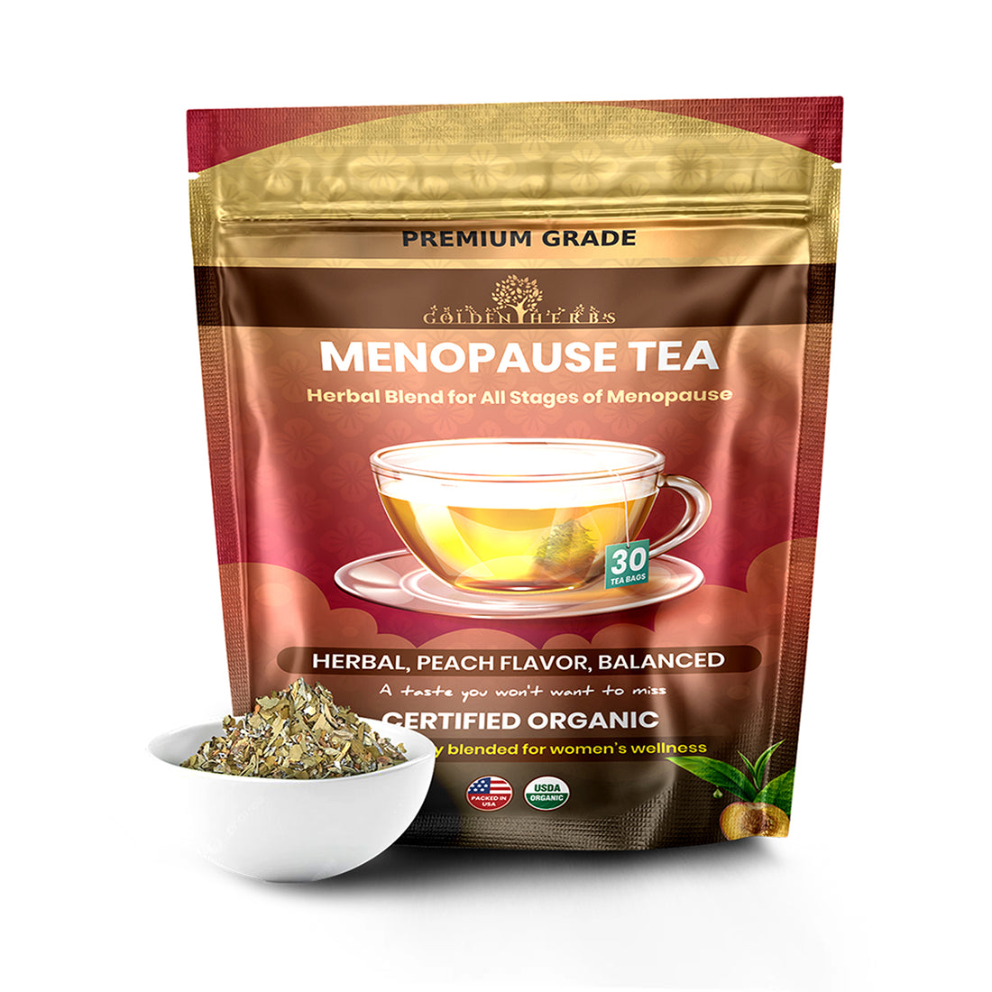 Golden Herbs USDA Organic Menopause Wellness Herbal Tea – 30 Caffeine-Free Tea Bags – Soothing Blend for Comfort &amp; Balance – Packed in USA