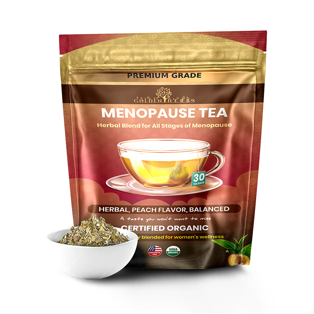Golden Herbs USDA Organic Menopause Wellness Herbal Tea – 30 Caffeine-Free Tea Bags – Soothing Blend for Comfort &amp; Balance – Packed in USA