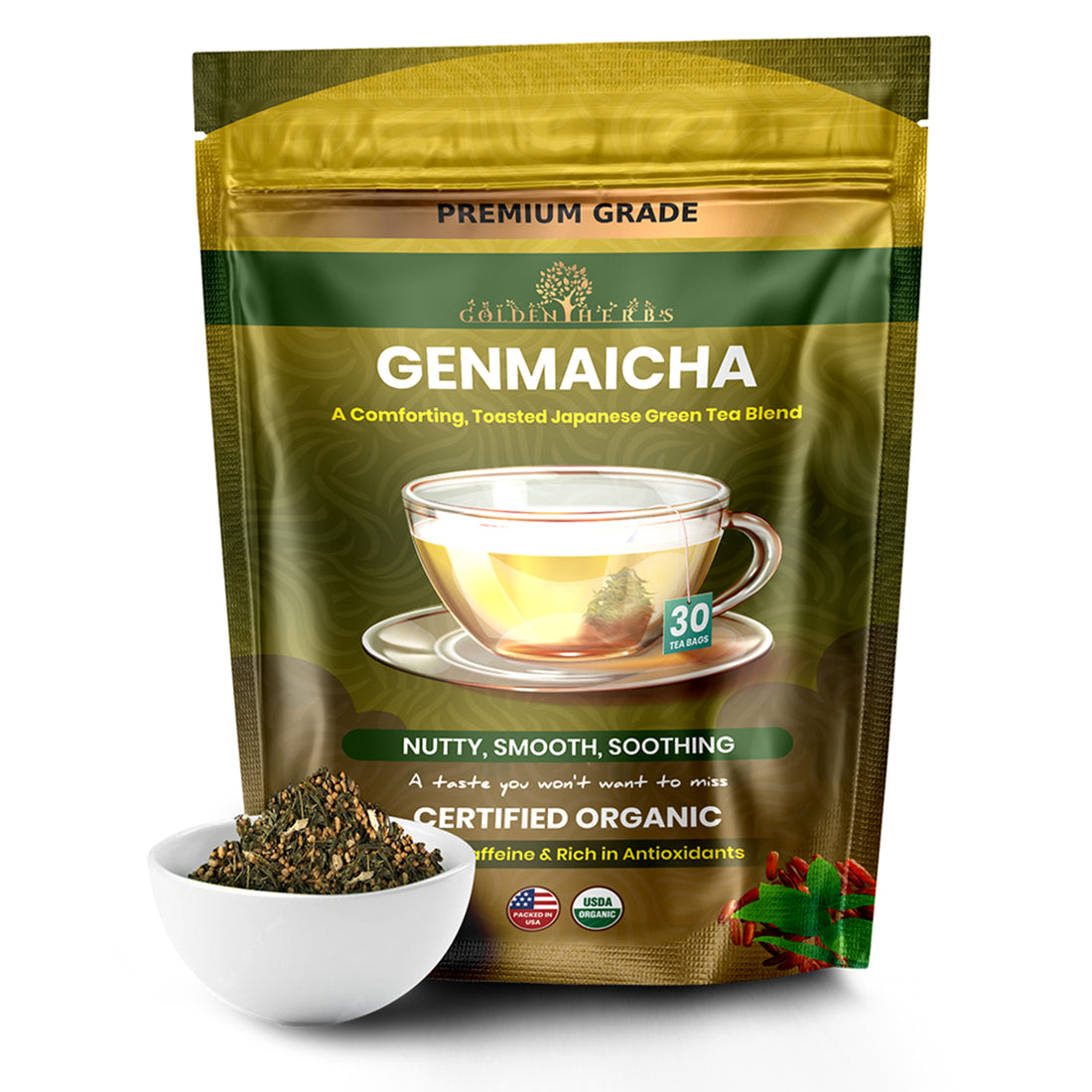 Golden Herbs USDA Organic Japanese Genmaicha Green Tea – Premium Roasted Brown Rice Blend – Nutty Flavor – 30 Tea Bags – Packed in USA