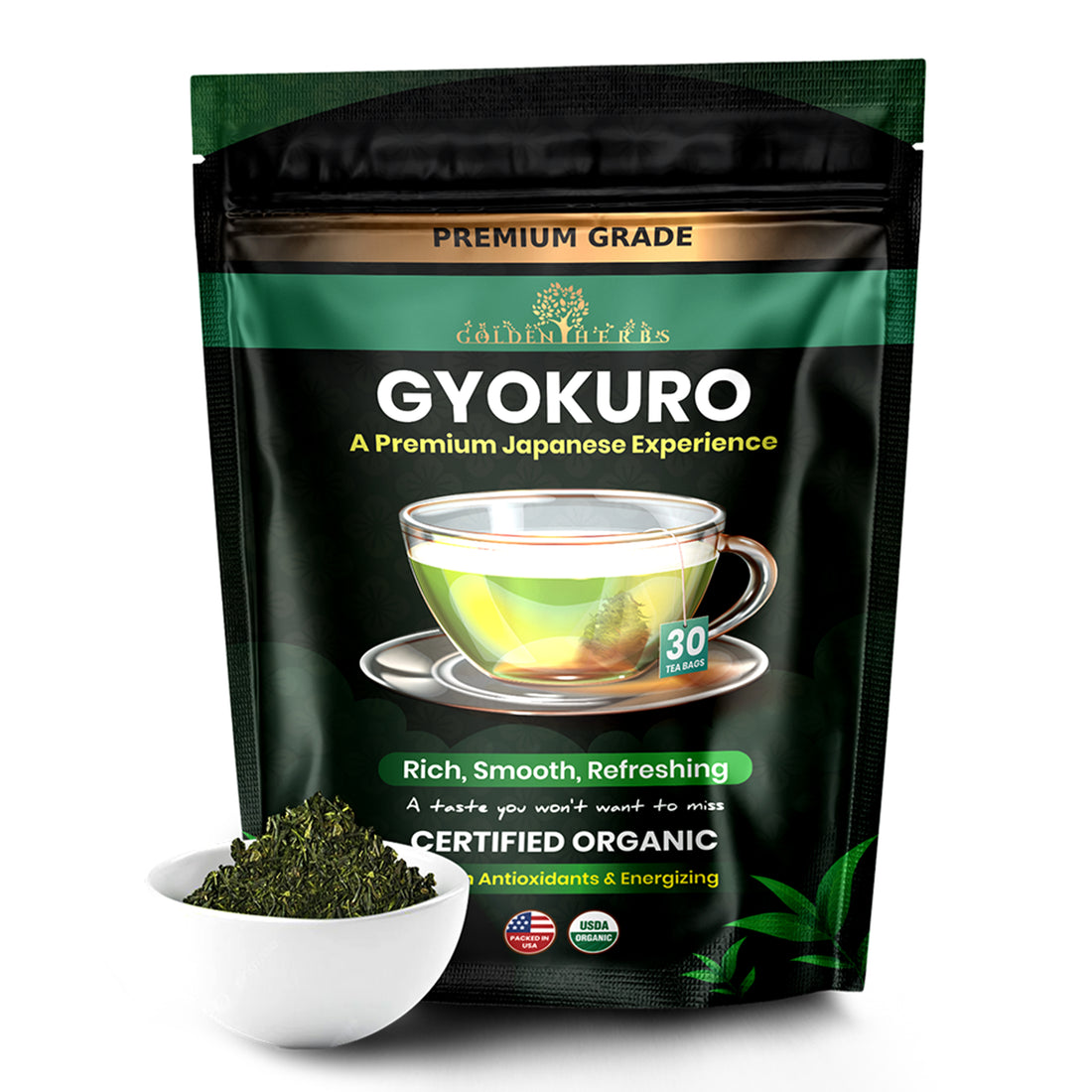Golden Herbs USDA Organic Japanese Gyokuro Green Tea – Premium Shade-Grown Leaves – Rich Umami Flavor – 30 Tea Bags – Packed in USA