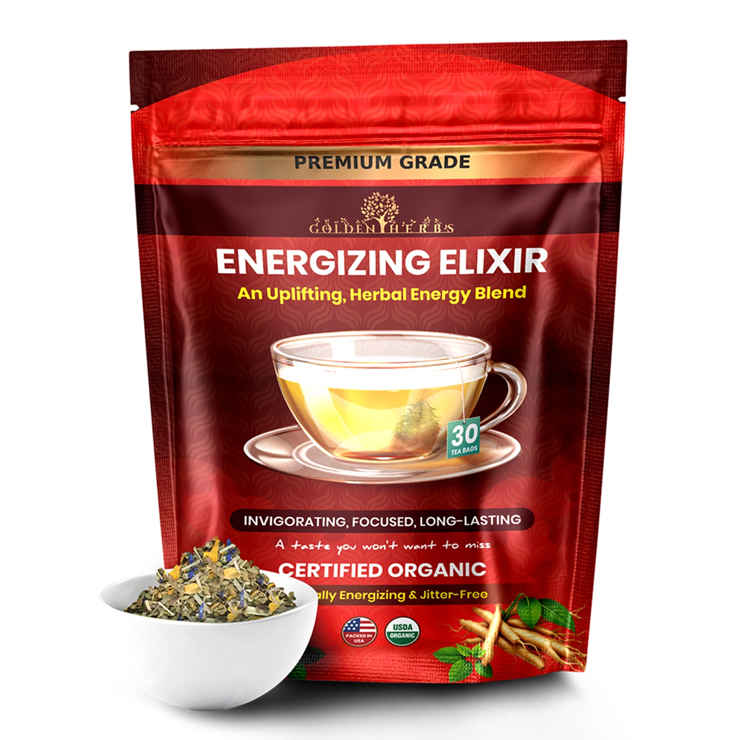 Golden Herbs USDA Organic Energizing Elixir Herbal Tea – Natural Energy &amp; Focus Support – 30 Caffeine-Free Tea Bags – Packed in USA