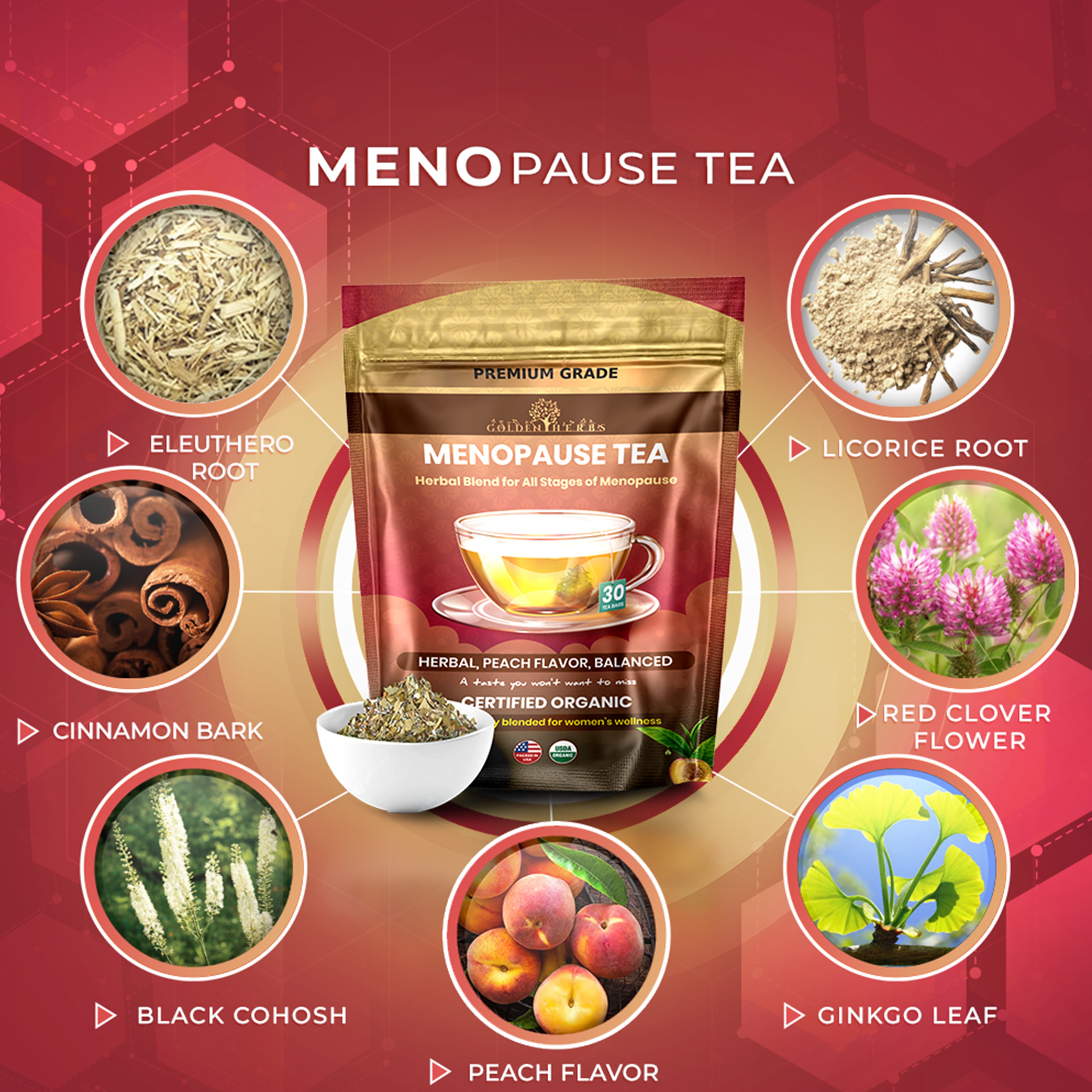 Golden Herbs USDA Organic Menopause Wellness Herbal Tea – 30 Caffeine-Free Tea Bags – Soothing Blend for Comfort &amp; Balance – Packed in USA