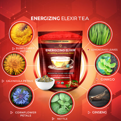 Golden Herbs USDA Organic Energizing Elixir Herbal Tea – Natural Energy &amp; Focus Support – 30 Caffeine-Free Tea Bags – Packed in USA
