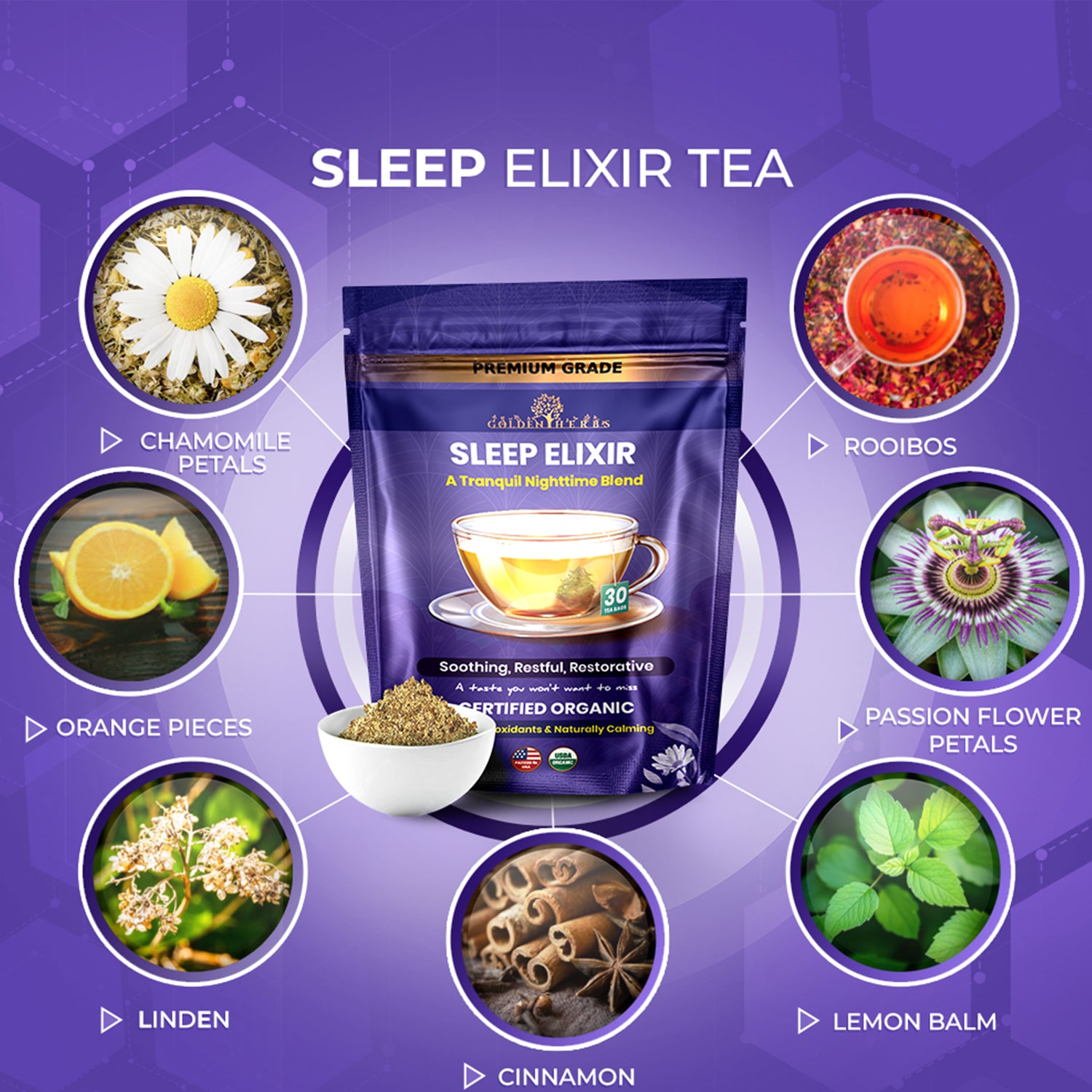 Golden Herbs USDA Organic Sleep Elixir Herbal Tea – Relaxing Bedtime Blend with Chamomile &amp; Herbs – 30 Naturally Caffeine-Free Tea Bags – Packed in USA
