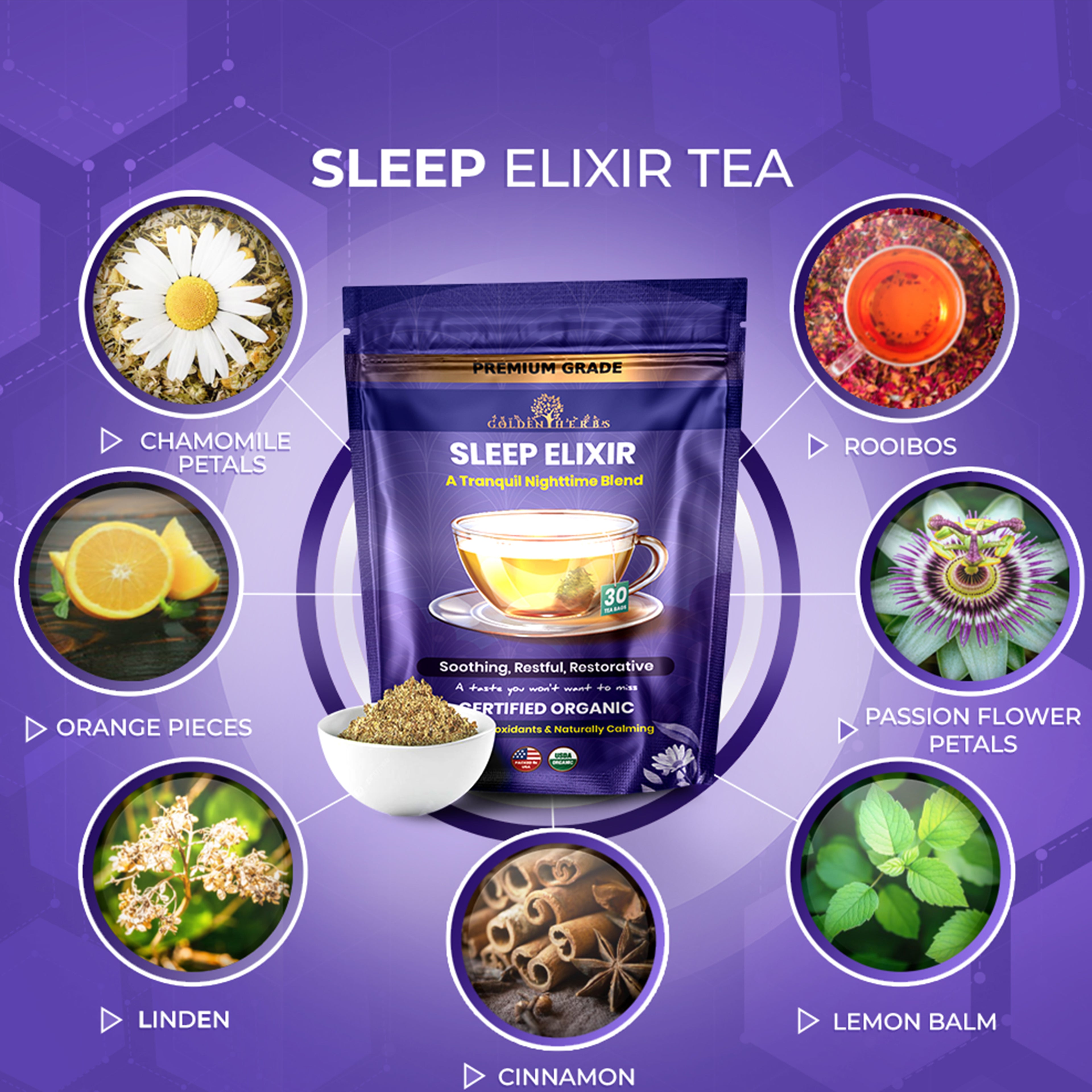 Golden Herbs USDA Organic Sleep Elixir Herbal Tea – Relaxing Bedtime Blend with Chamomile &amp; Herbs – 30 Naturally Caffeine-Free Tea Bags – Packed in USA