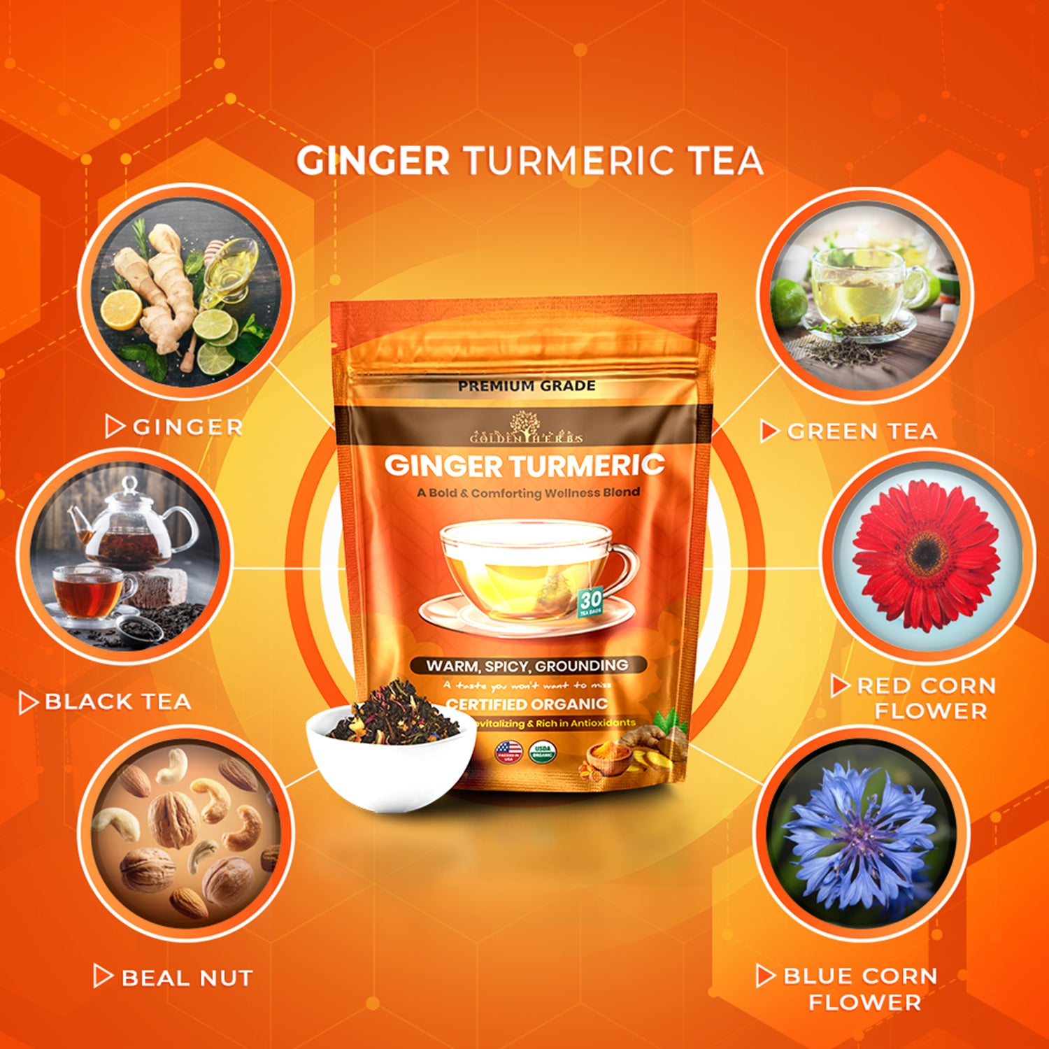 Golden Herbs USDA Organic Ginger Turmeric Herbal Tea – 30 Tea Bags – Warming, Anti-Inflammatory &amp; Immune Support – Packed in USA