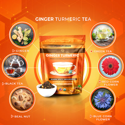 Golden Herbs USDA Organic Ginger Turmeric Herbal Tea – 30 Tea Bags – Warming, Anti-Inflammatory &amp; Immune Support – Packed in USA