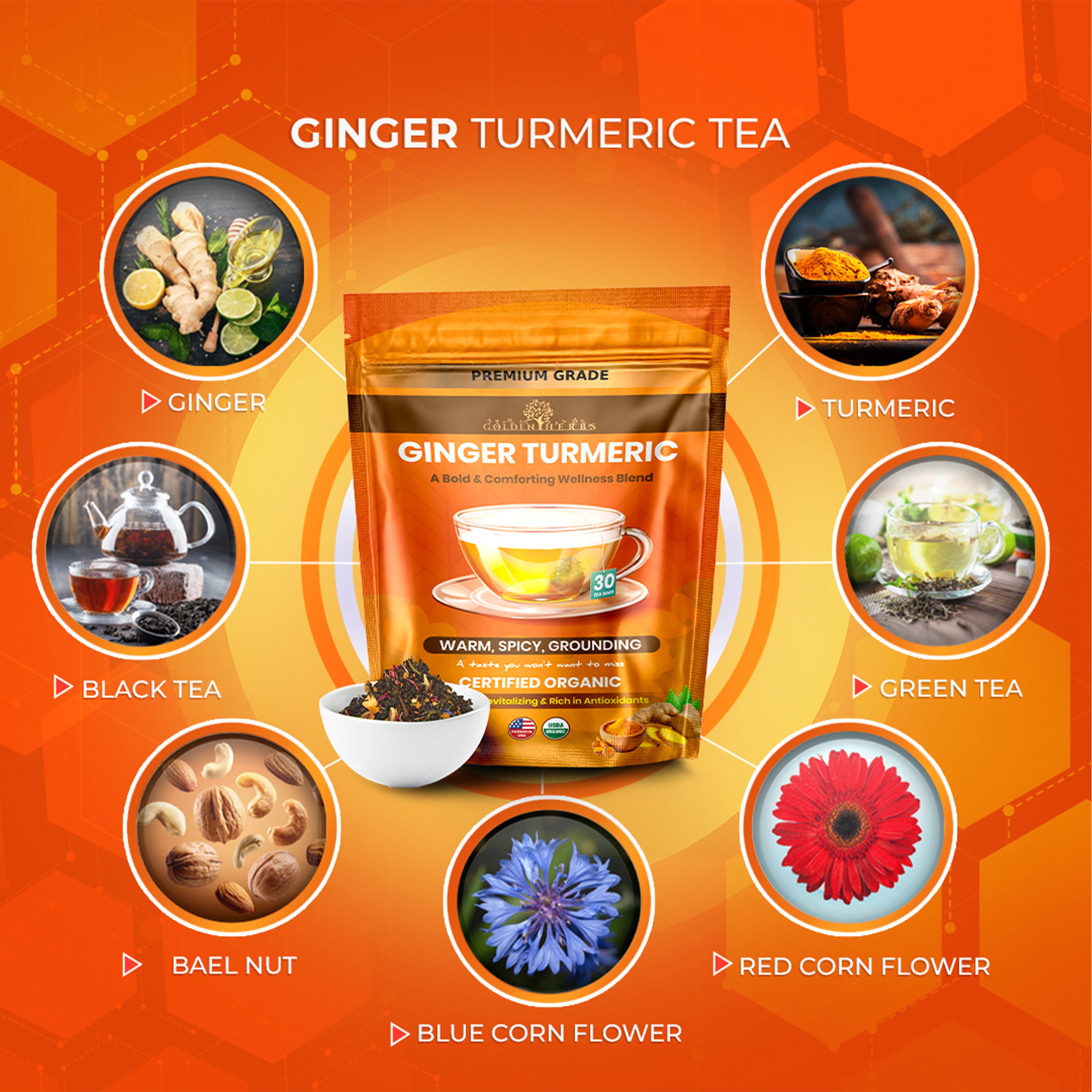 Golden Herbs USDA Organic Ginger Turmeric Herbal Tea – 30 Tea Bags – Warming, Anti-Inflammatory &amp; Immune Support – Packed in USA