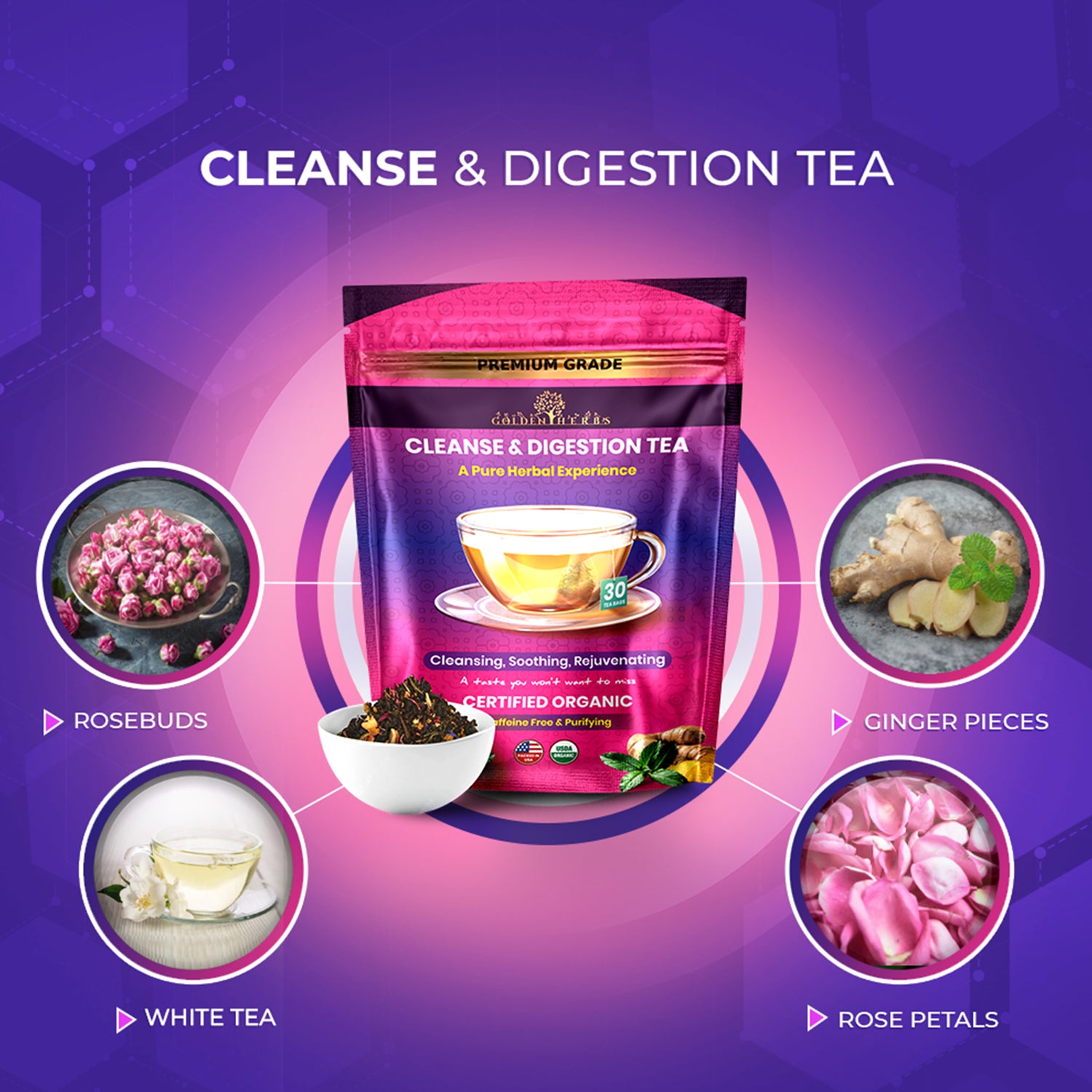 Golden Herbs USDA Organic Cleanse &amp; Digestion Herbal Tea – Natural Detox &amp; Gut Support – 30 Tea Bags – Caffeine-Free – Packed in the USA