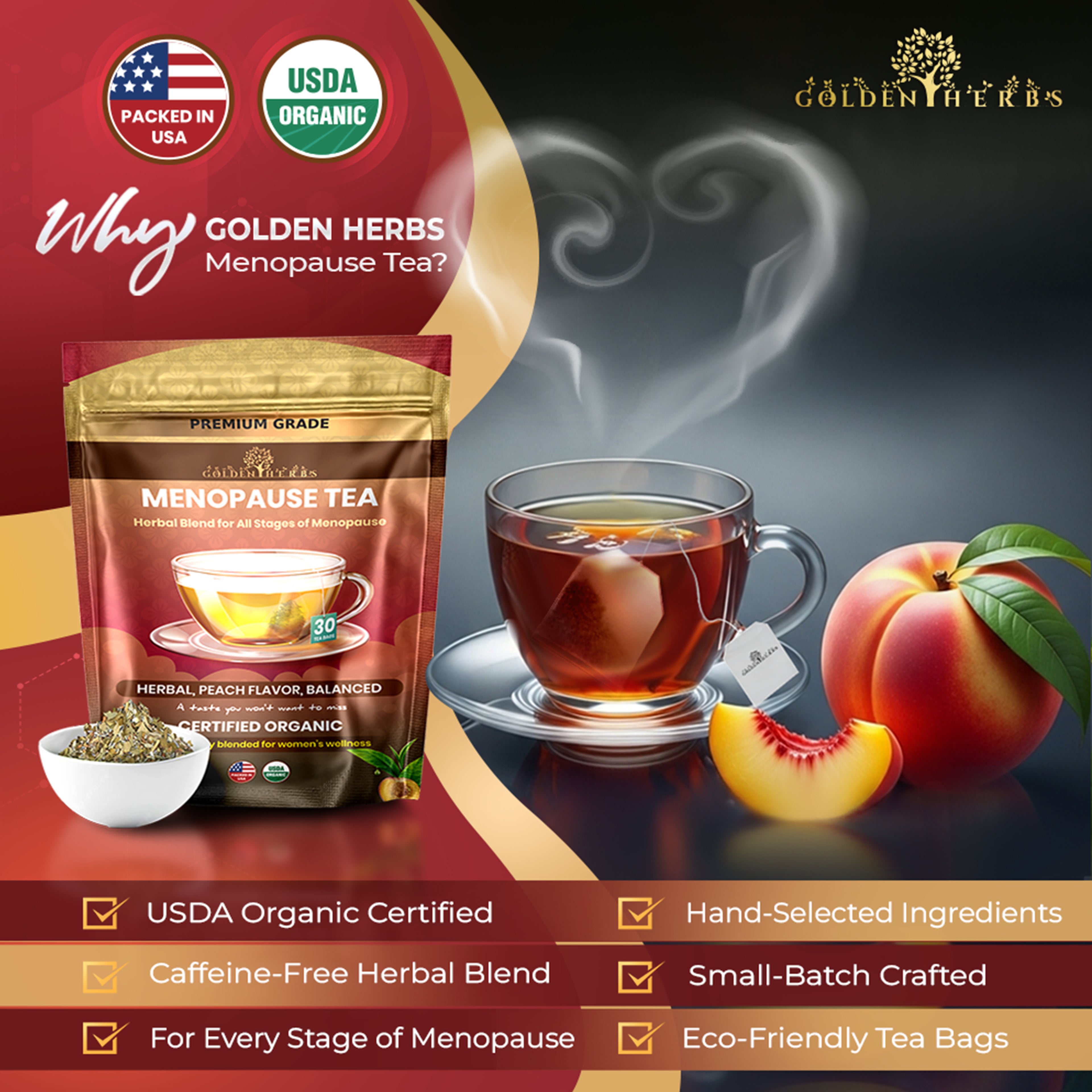 Golden Herbs USDA Organic Menopause Wellness Herbal Tea – 30 Caffeine-Free Tea Bags – Soothing Blend for Comfort &amp; Balance – Packed in USA
