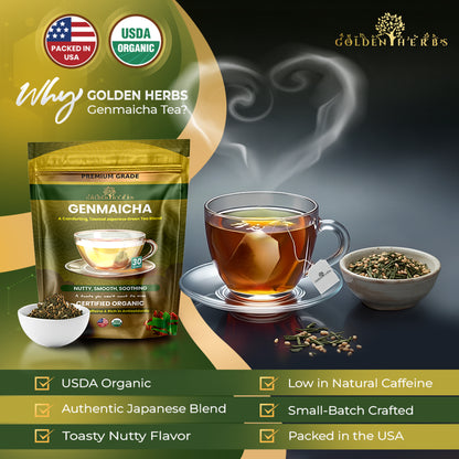 Golden Herbs USDA Organic Japanese Genmaicha Green Tea – Premium Roasted Brown Rice Blend – Nutty Flavor – 30 Tea Bags – Packed in USA