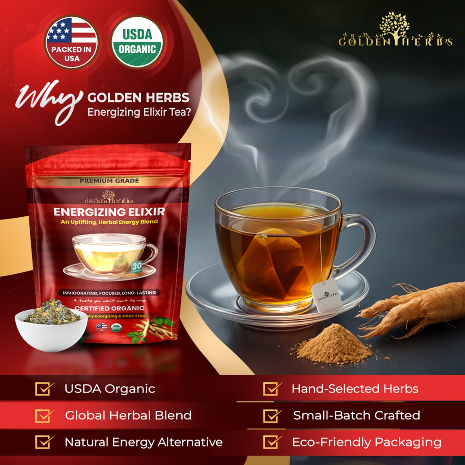 Golden Herbs USDA Organic Energizing Elixir Herbal Tea – Natural Energy &amp; Focus Support – 30 Caffeine-Free Tea Bags – Packed in USA