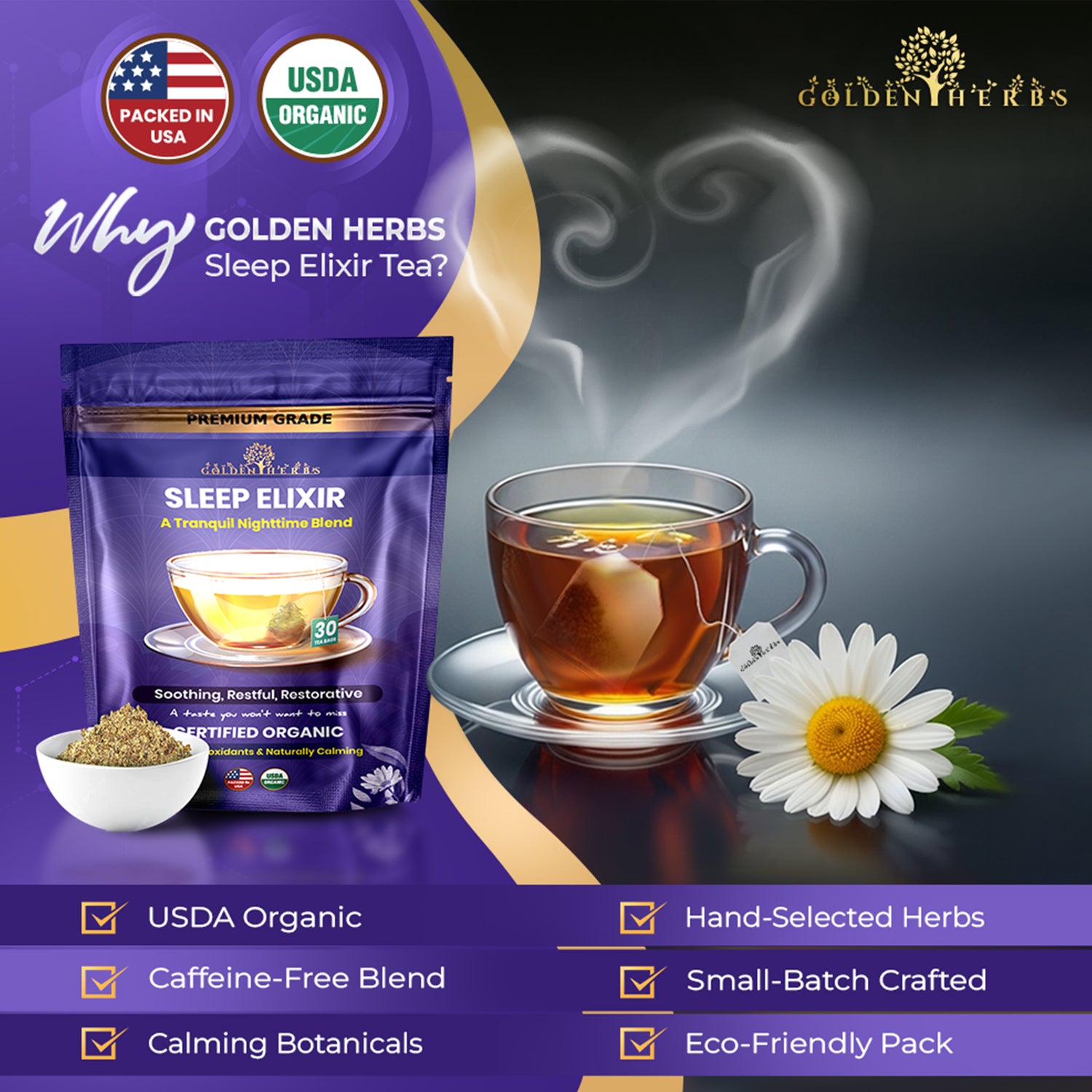 Golden Herbs USDA Organic Sleep Elixir Herbal Tea – Relaxing Bedtime Blend with Chamomile &amp; Herbs – 30 Naturally Caffeine-Free Tea Bags – Packed in USA
