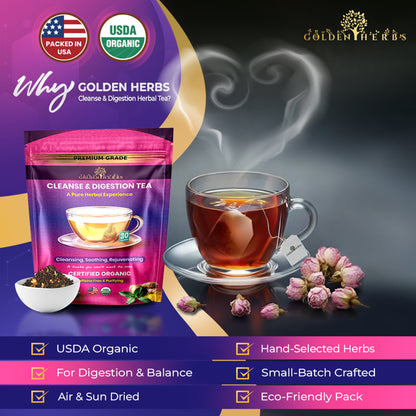 Golden Herbs USDA Organic Cleanse &amp; Digestion Herbal Tea – Natural Detox &amp; Gut Support – 30 Tea Bags – Caffeine-Free – Packed in the USA